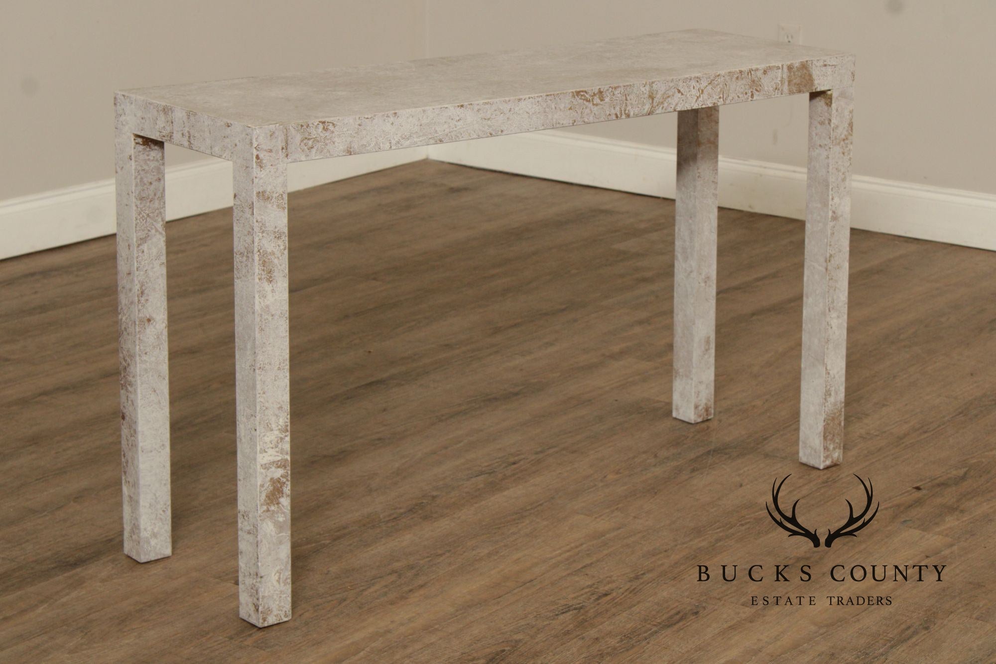 Mid Century Modern Cerused Painted Pair Of Burl Wood Parsons Console Tables