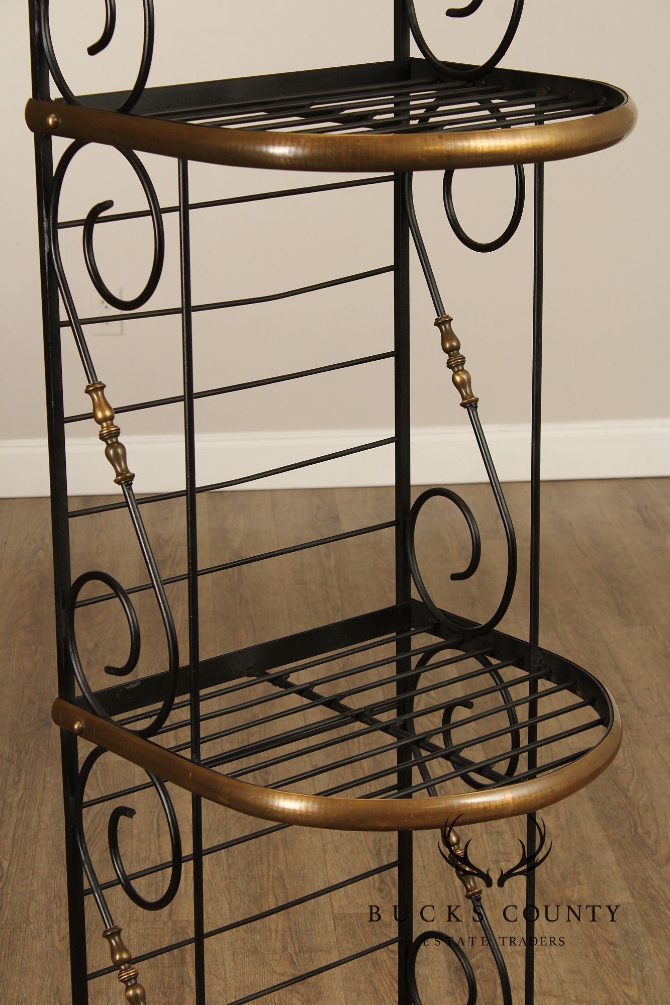 French Country Style Vintage Wrought Iron And Brass Narrow Bakers Rack