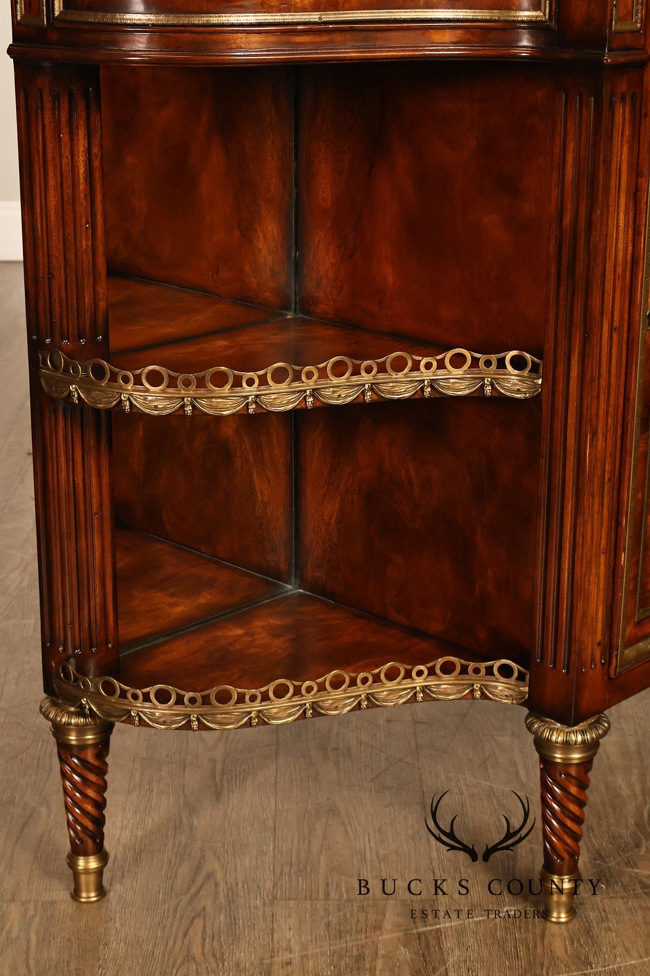 Theodore Alexander French Louis XVI Style Burl Wood Brass Mounted Gallery Top Pair Of Side Cabinets