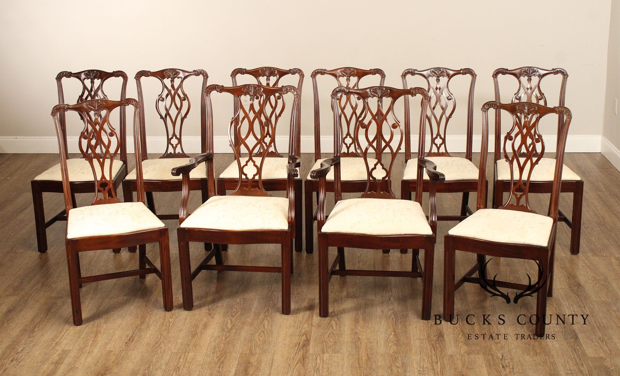 Chippendale Style Quality Set Of Ten Solid Mahogany Dining Chairs