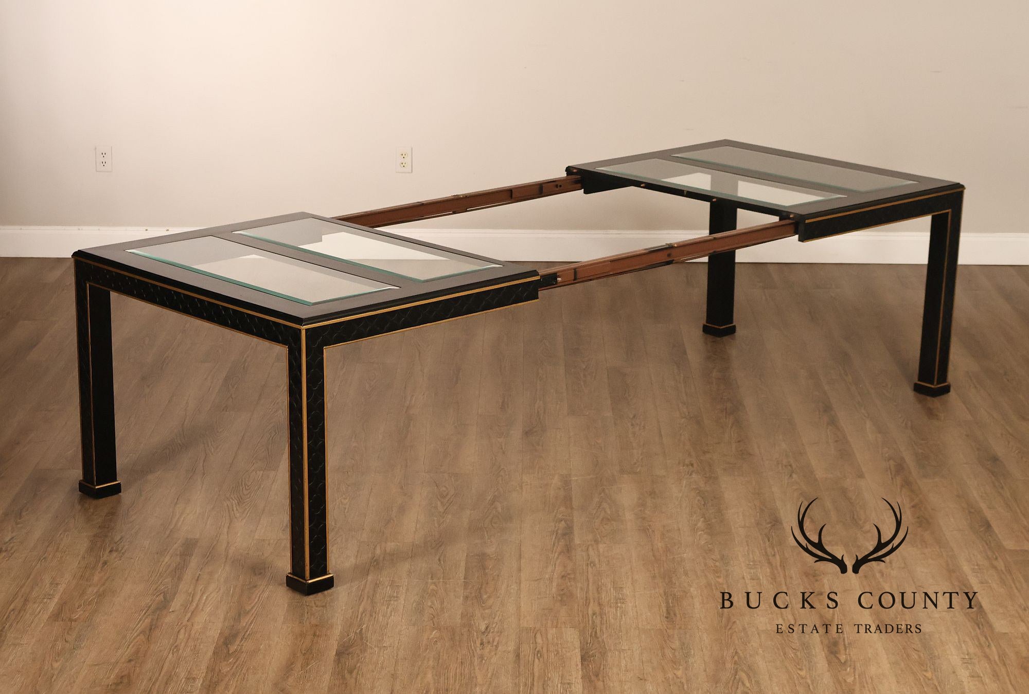 Chinese Chippendale Black Lacquered Dining Table With Two Leaves, Inset Glass