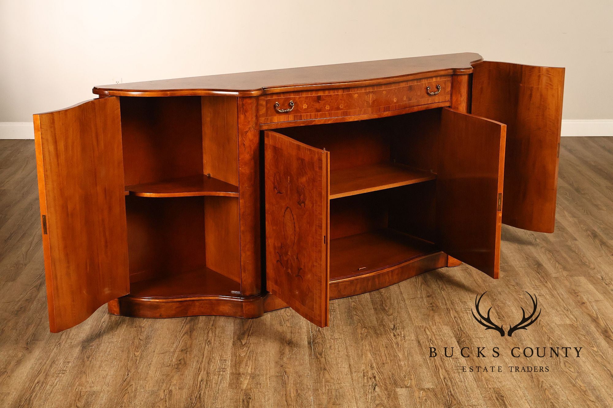 Italian Neoclassical Style Burl Wood Marquetry Inlaid Serpentine Sideboard