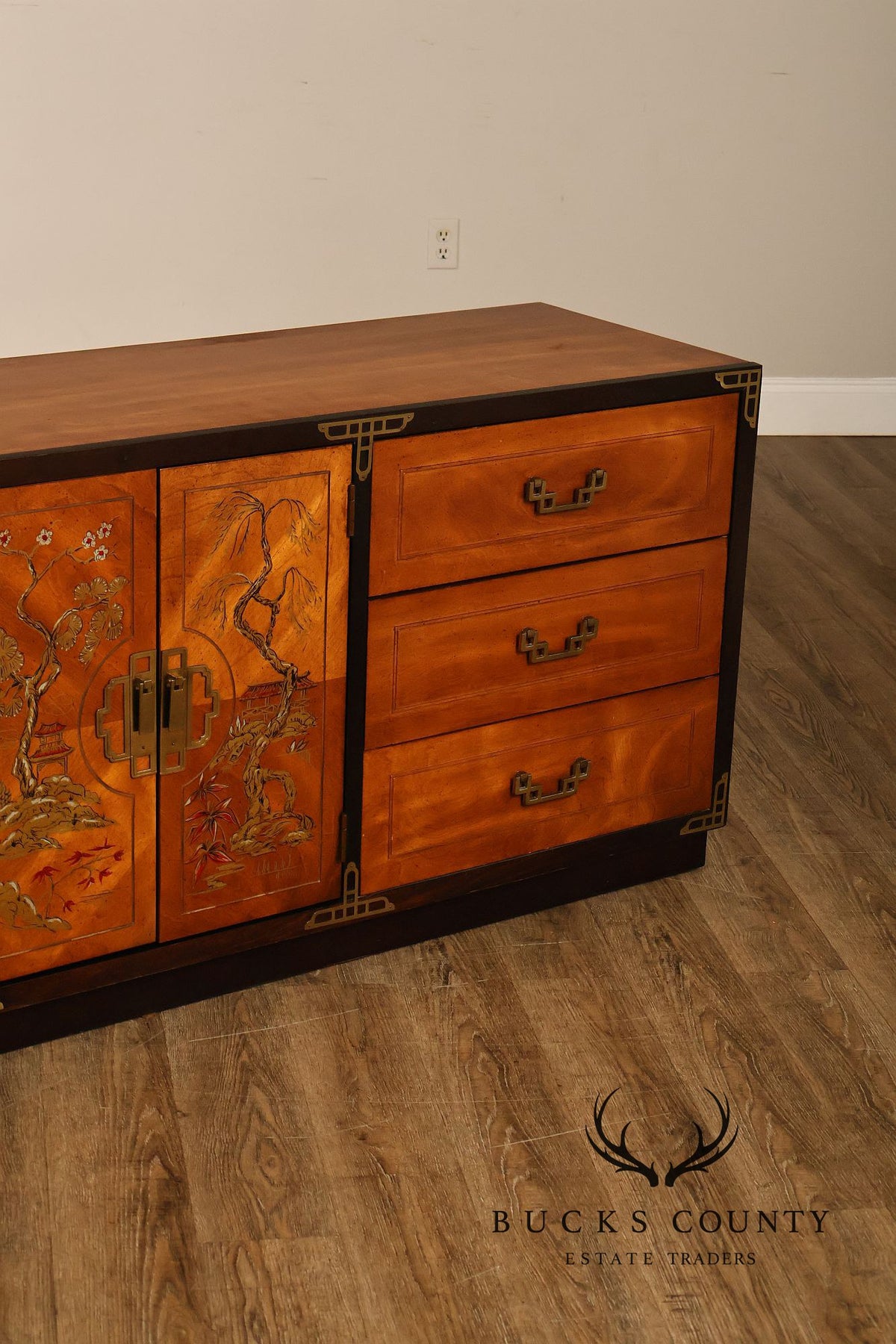 Bassett Campaign Style Walnut Triple Dresser