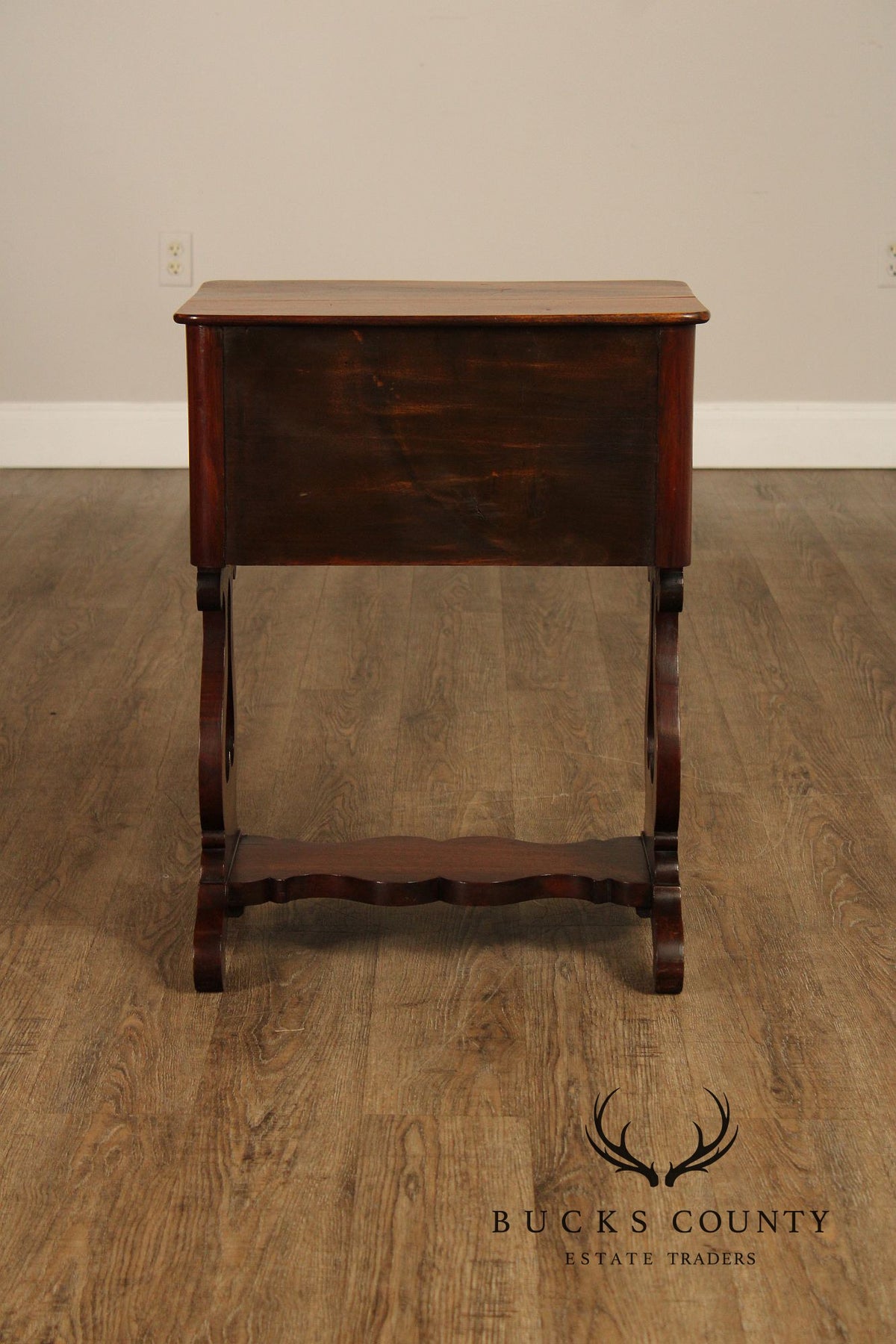 Antique American Empire Mahogany Lyre Form Two-Drawer Work Table