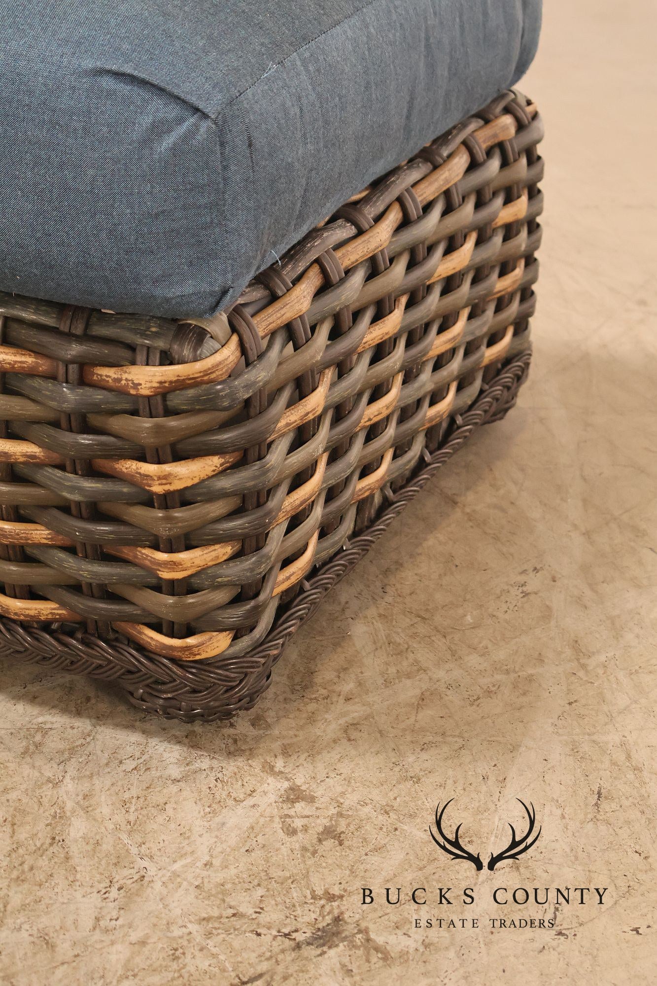 Lane Venture Weather Master Pair Of Woven Wicker Outdoor Ottomans With Blue Cushions
