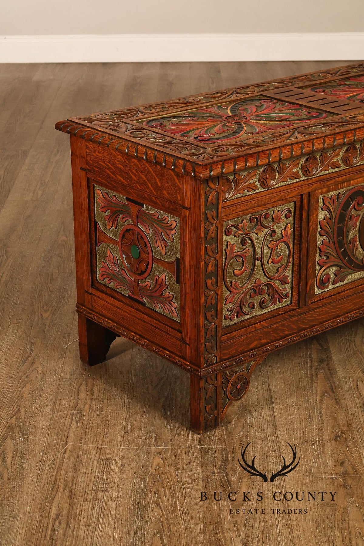 Berkey & Gay Carved And Painted Oak Spanish Revival Storage Chest