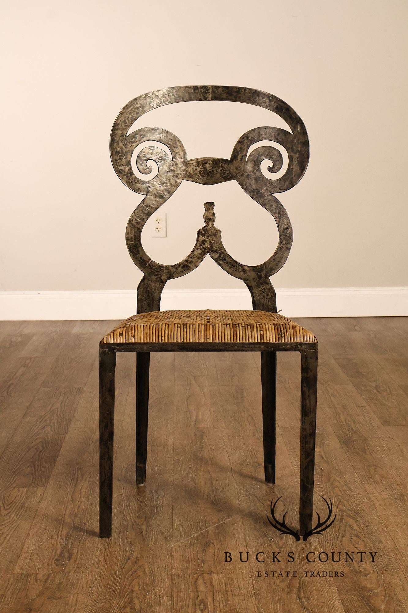 Biedermeier Style Pair Of Forged Iron And Woven Rattan Side Chairs