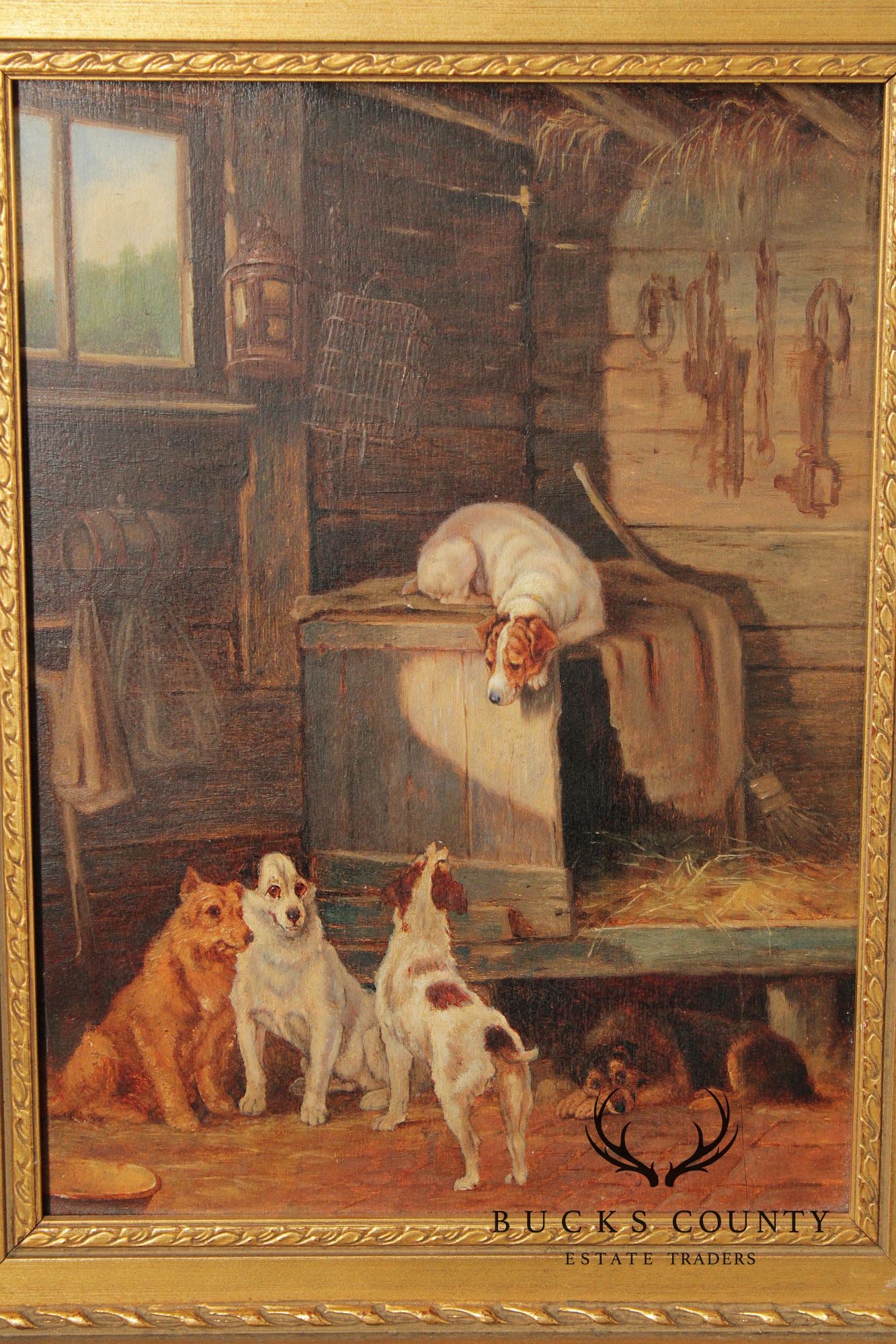 English School Painting on Board, Farm Dogs