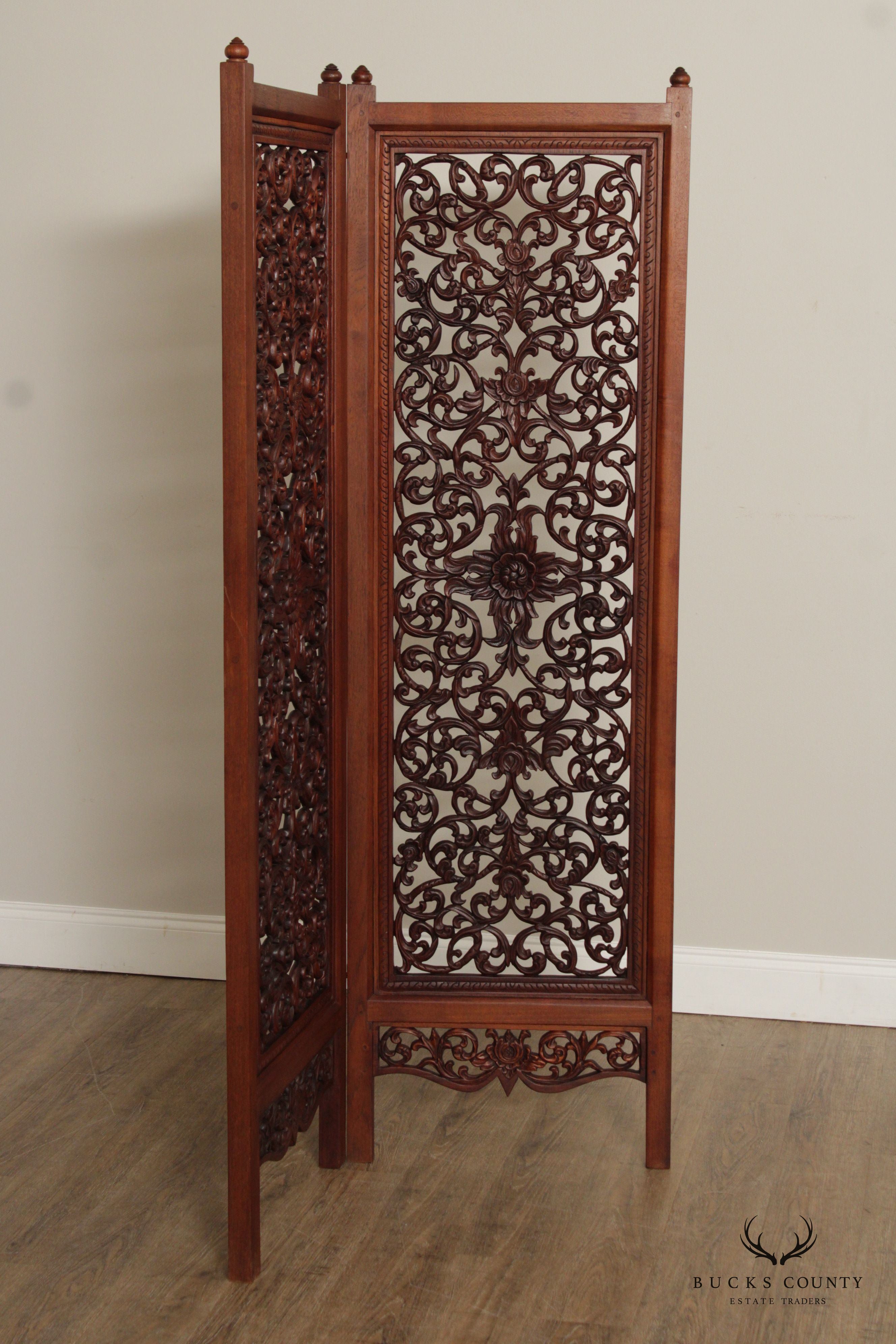 Ornate Carved Mahogany Folding Two-Panel Dressing Screen