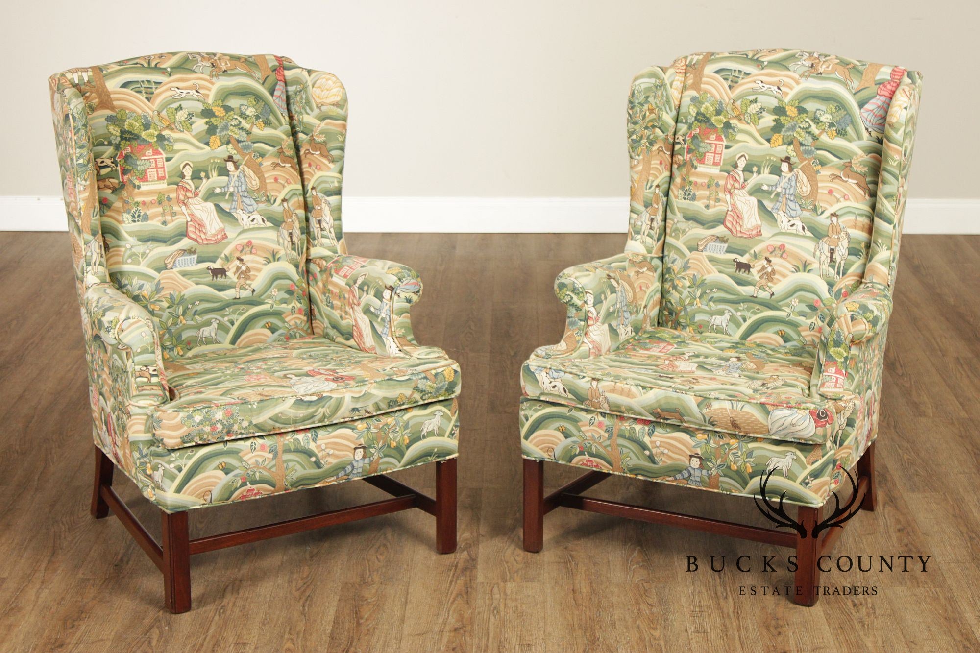 Chippendale Style Pair of Mahogany Wingback Chairs