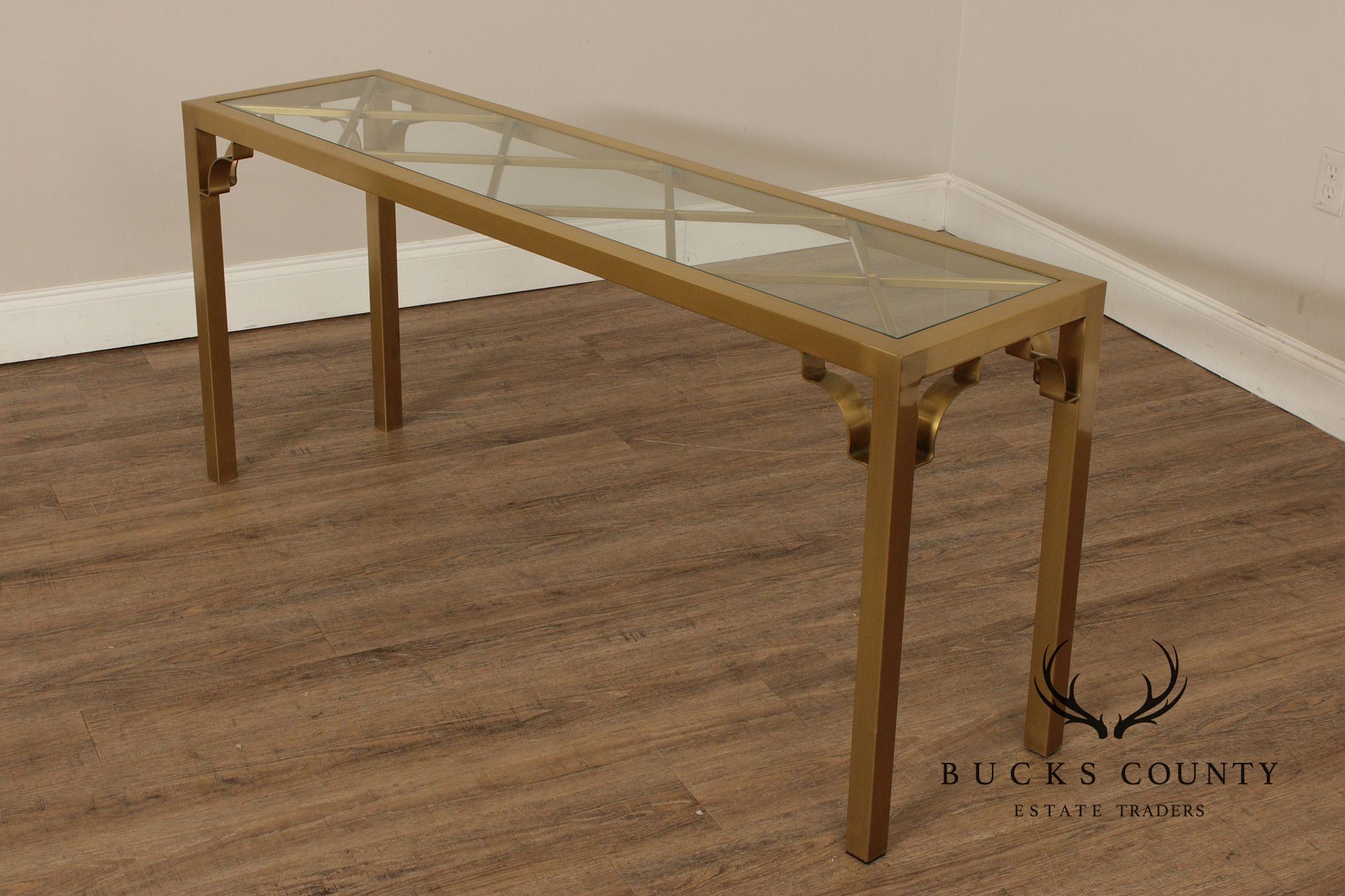 Hollywood Regency Style Glass Top Brass Console Table