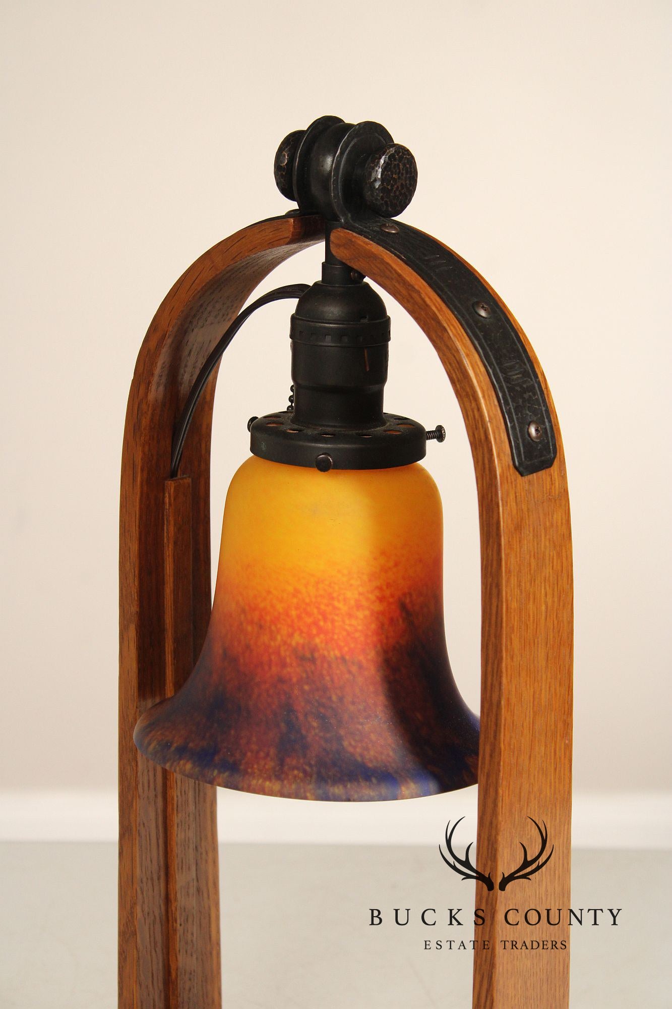 Stickley Mission Collection Oak Table Lamp With Art Glass Shade