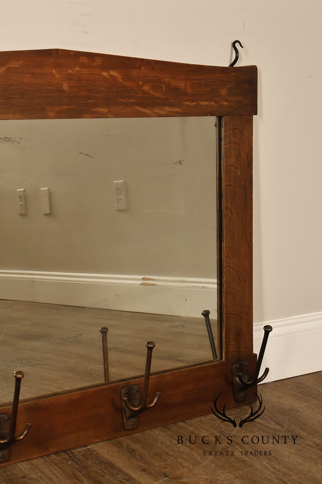 Gustav Stickley Antique Mission Oak Wall Mirror With Coat Hooks #66