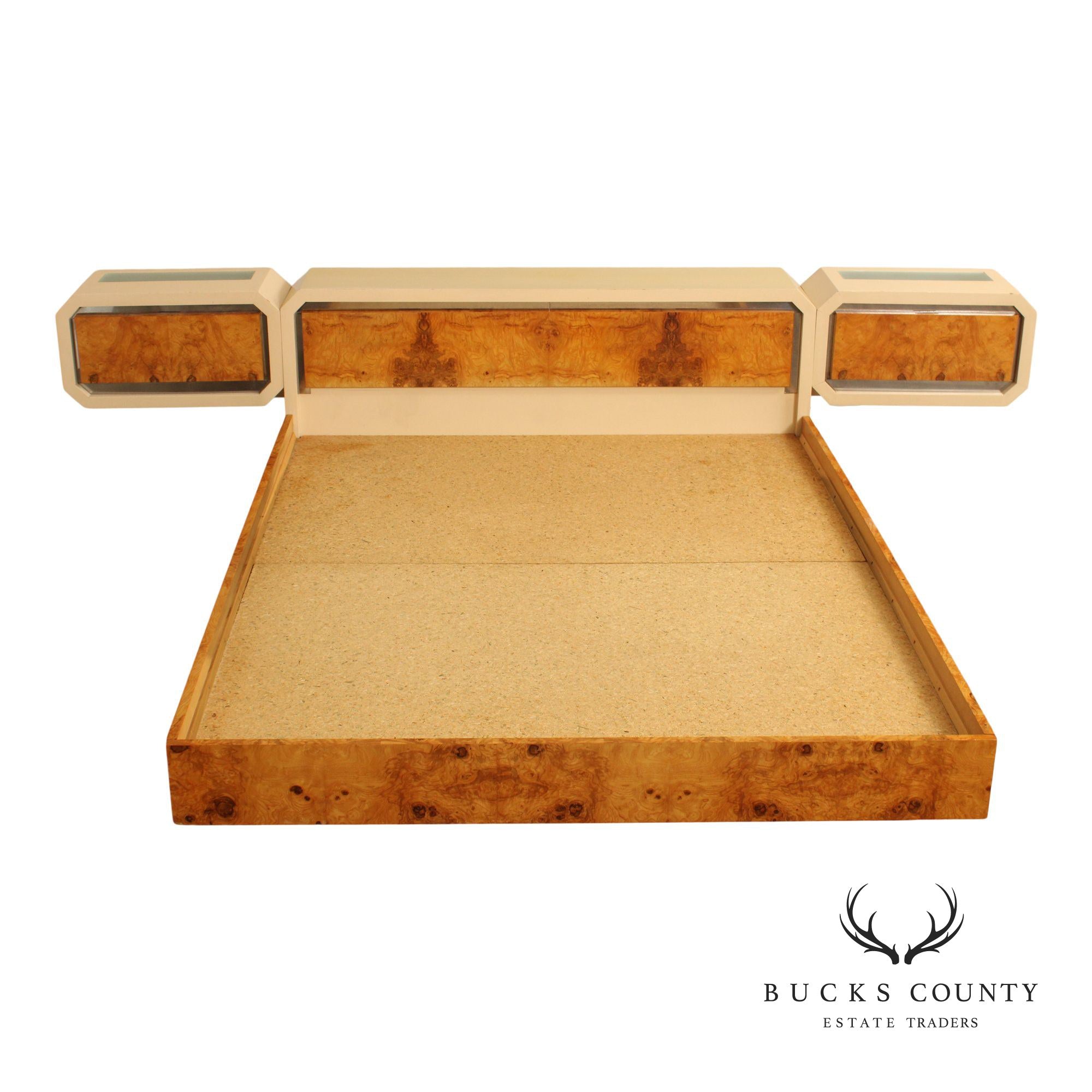 Pace Collection Mid Century Modern Burlwood Queen Size Platform Bed With Floating Headboard And Nightstands