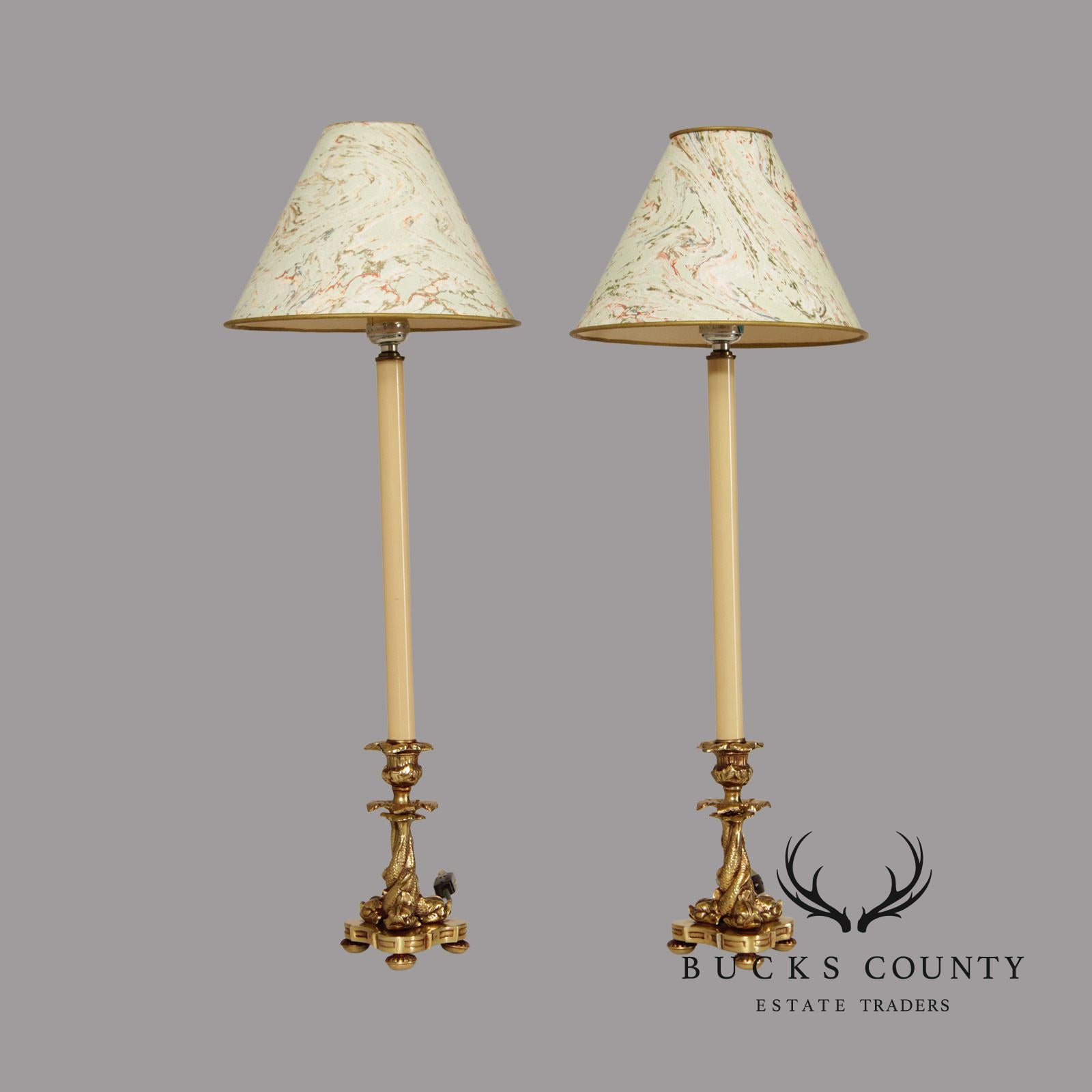 Rococo Style Pair of Brass Candlestick Table Lamps