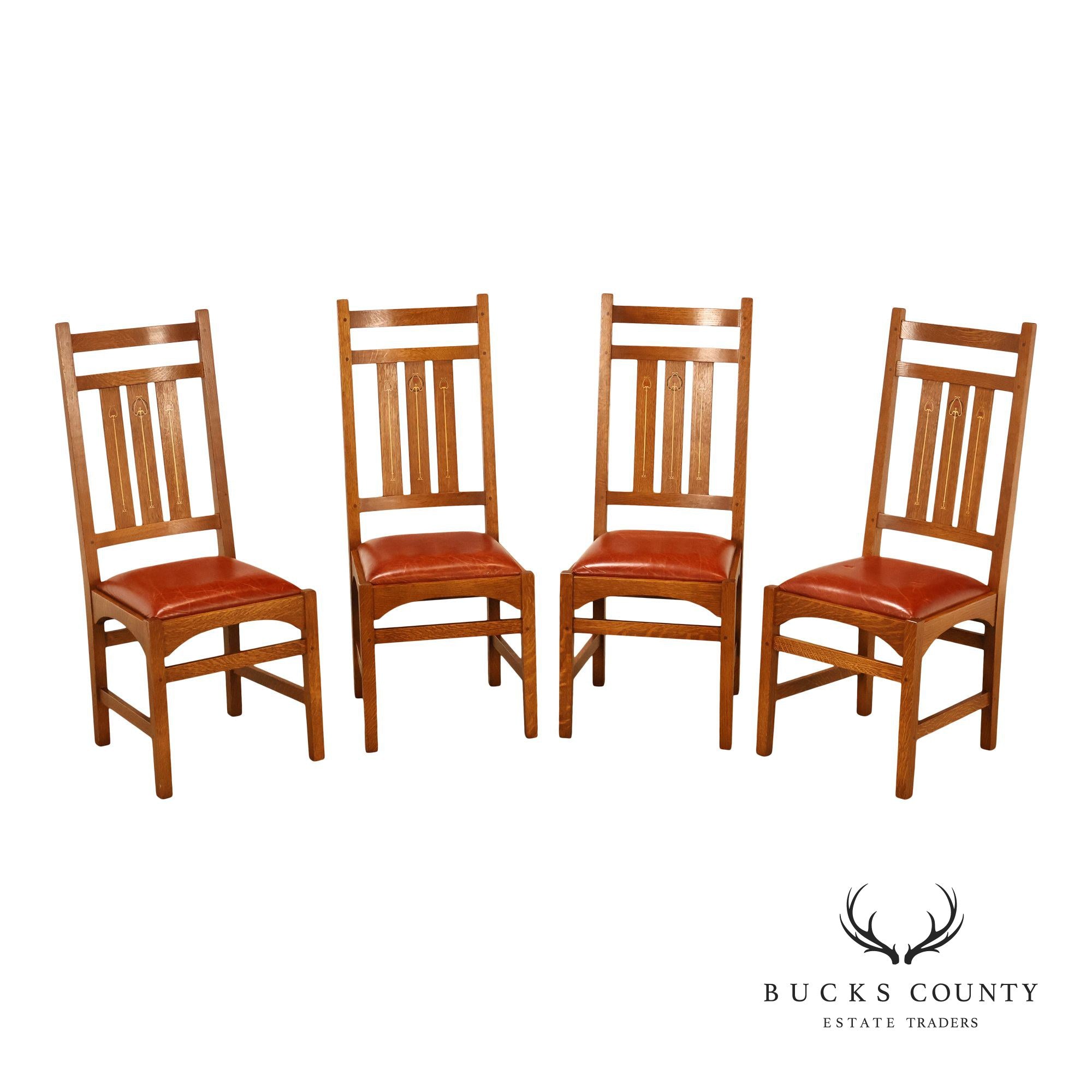 Stickley Harvey Ellis Set of Four Inlaid Oak and Leather Dining Chairs