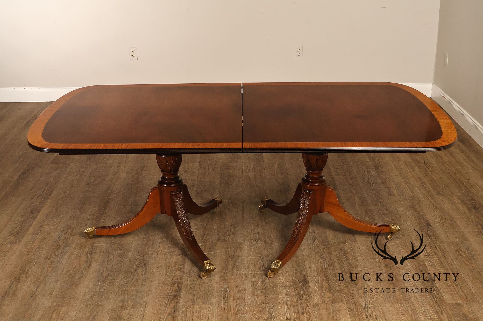 Federal Style Vintage Banded Mahogany Double Pedestal Dining Table