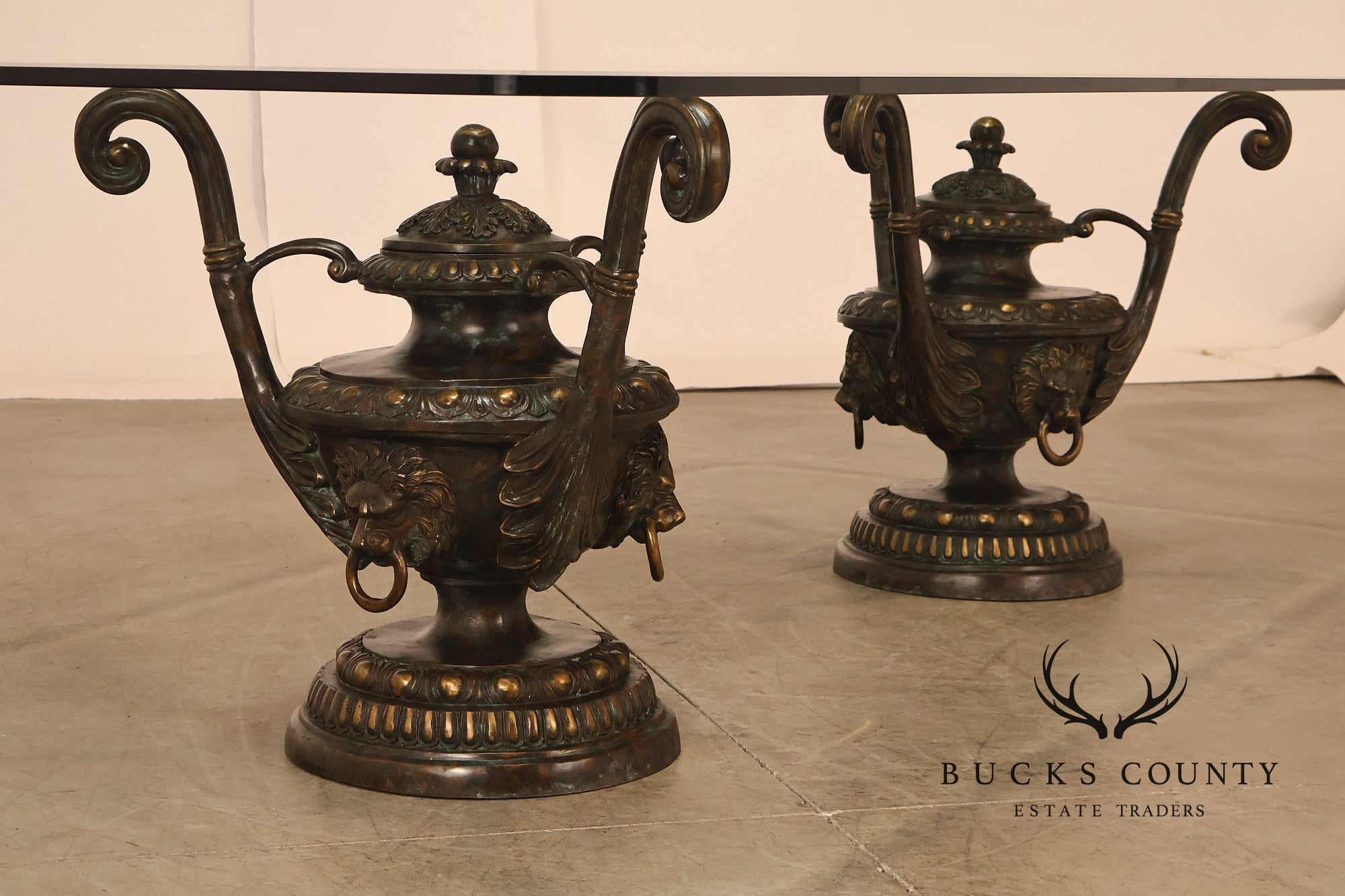 Monumental Brass Urn Form  Double Pedestal Glass Top Dining Table