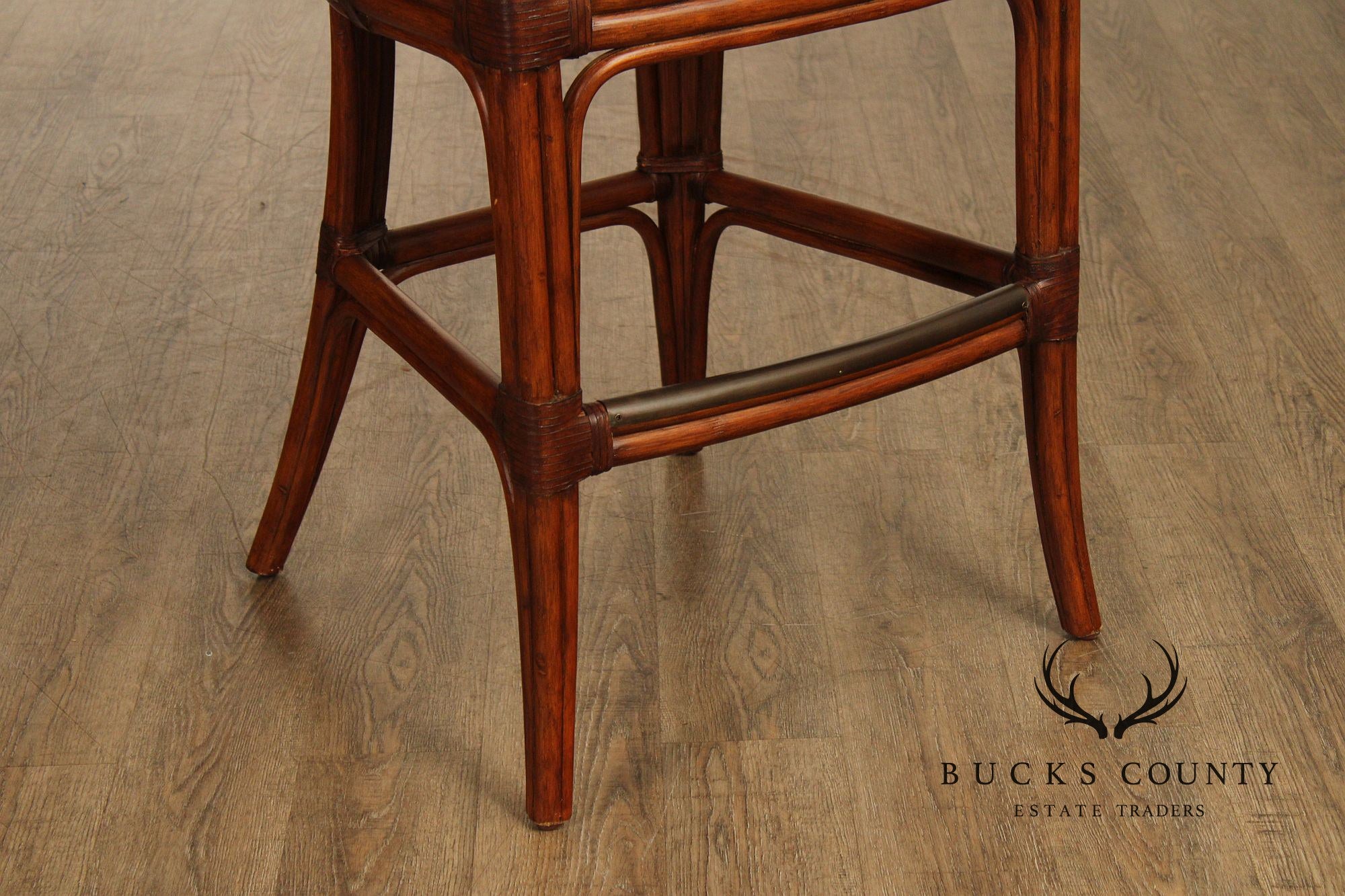 Pair Of Ethan Allen Leather And Rattan Bar Stools