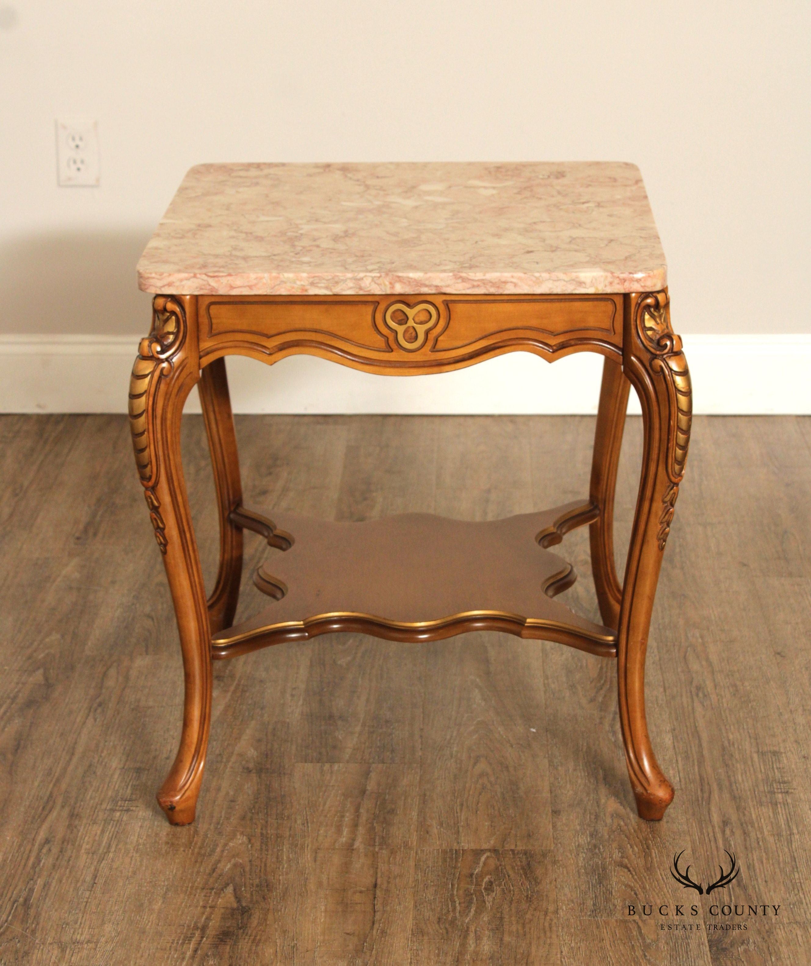 FRENCH LOUIS XV STYLE VINTAGE PAIR MARBLE TOP END TABLES