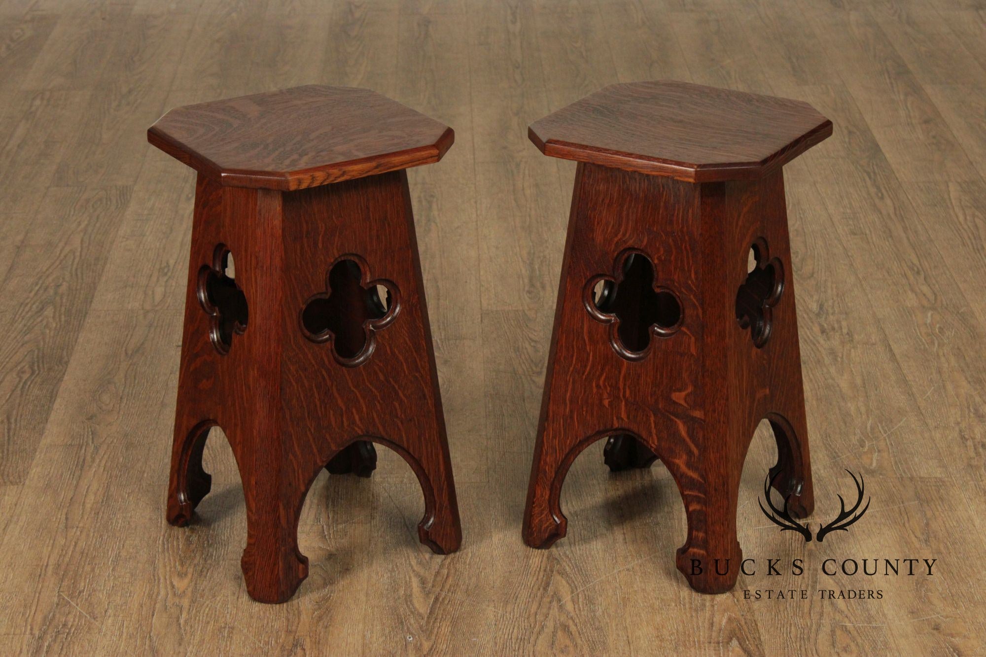 Arts and Crafts Antique Pair of Oak Cut-Out Taboret Side Tables