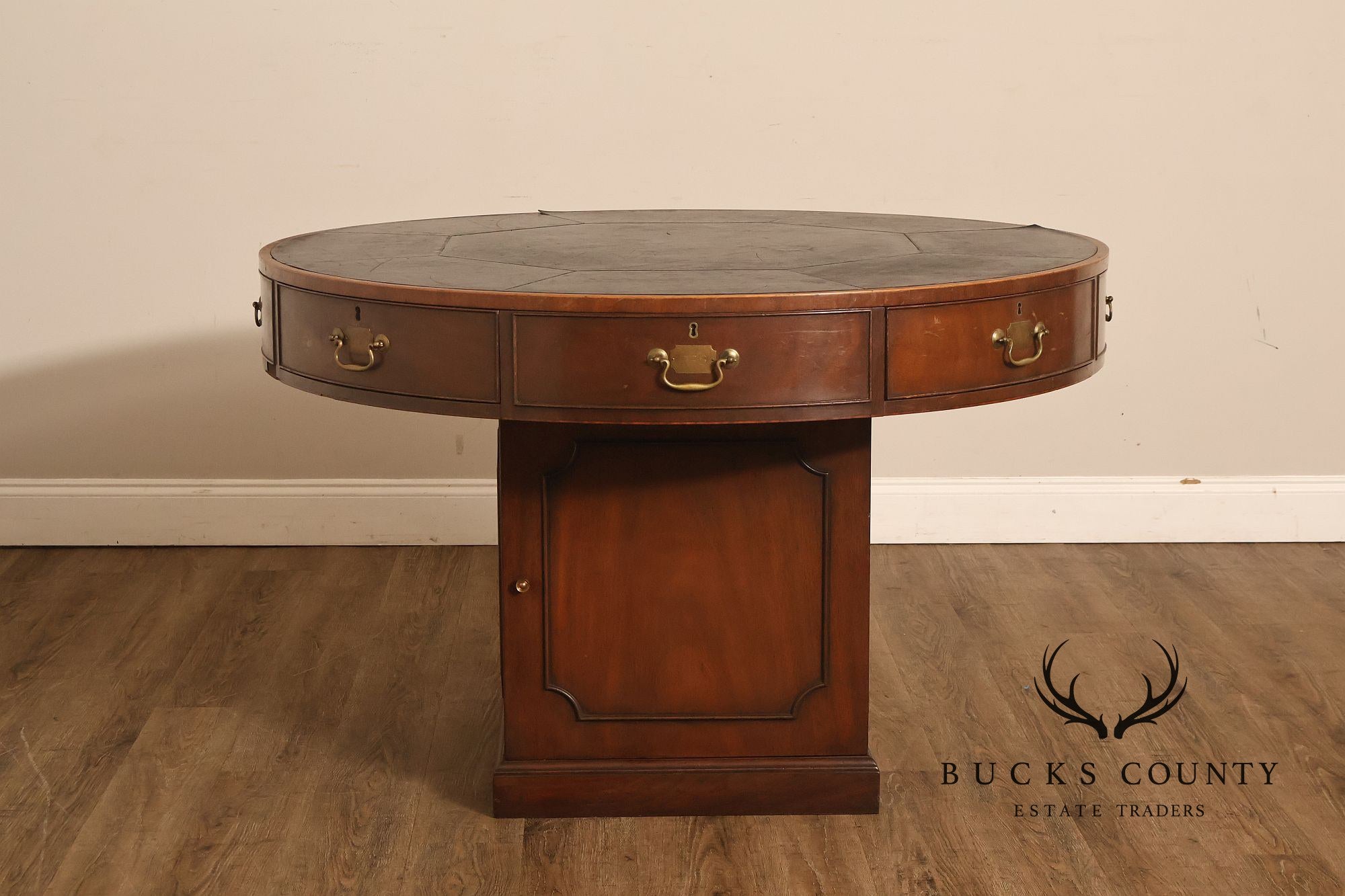 Kittinger Leather Top Round Rent Table With Drawers T295