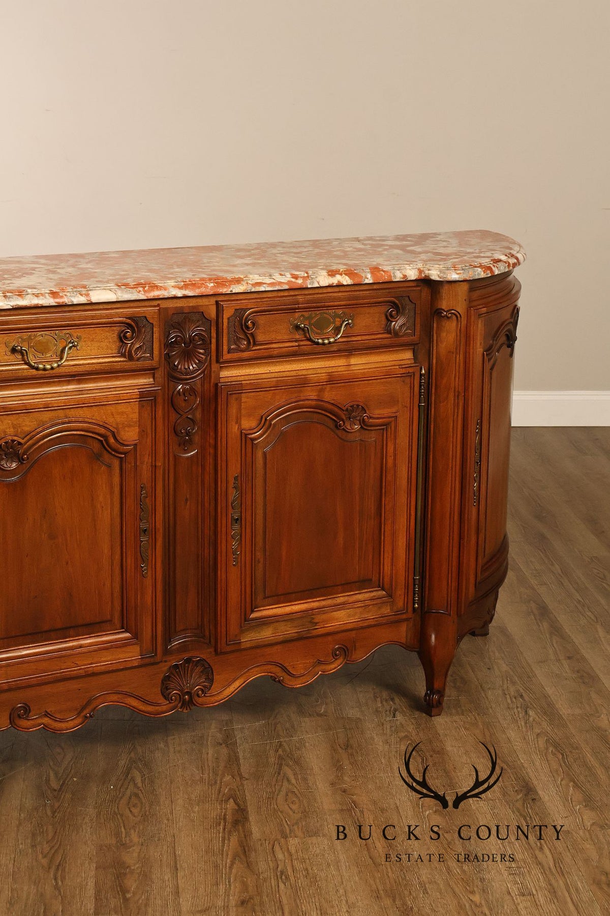 French Louis XV Style Carved Walnut Marble Top Buffet Sideboard