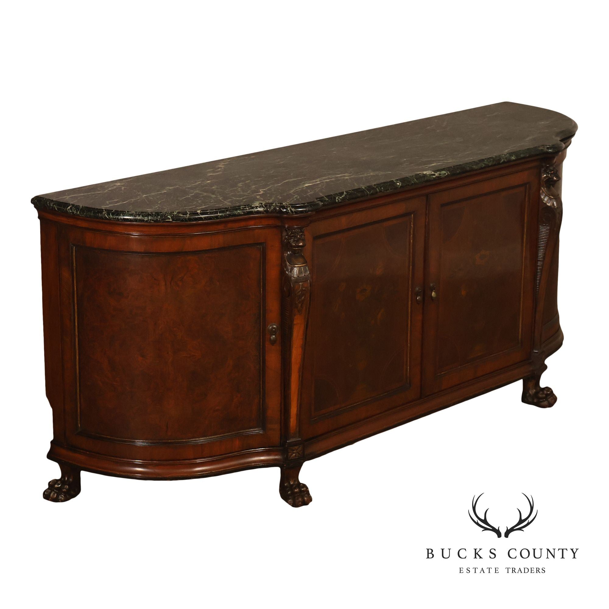 Antique Marble Top Mahogany Inlaid Figural Carved Buffet Sideboard