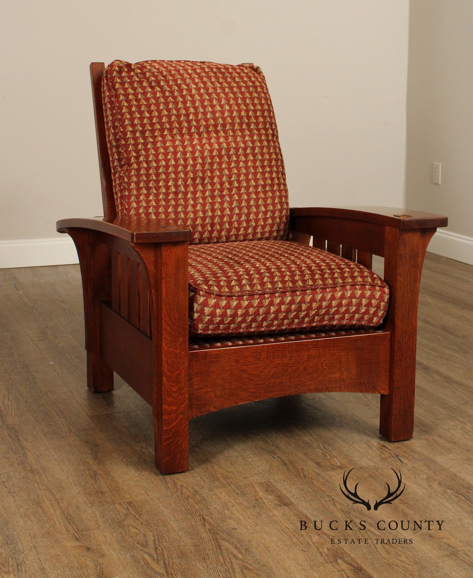 Stickley Mission Collection Oak Bow Arm Morris Chair with Loose Cushion