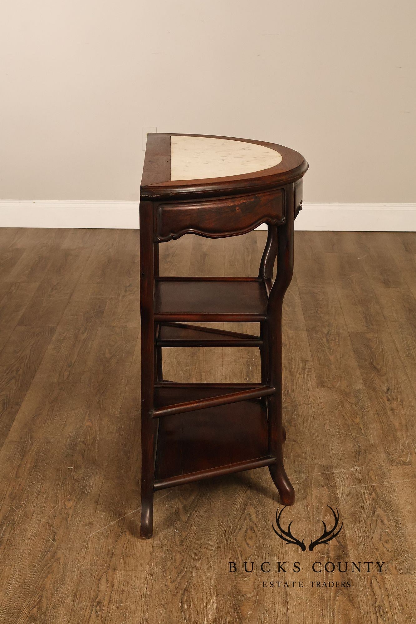 Asian Style Demilune Marble Top Side Table With Tiered Shelves