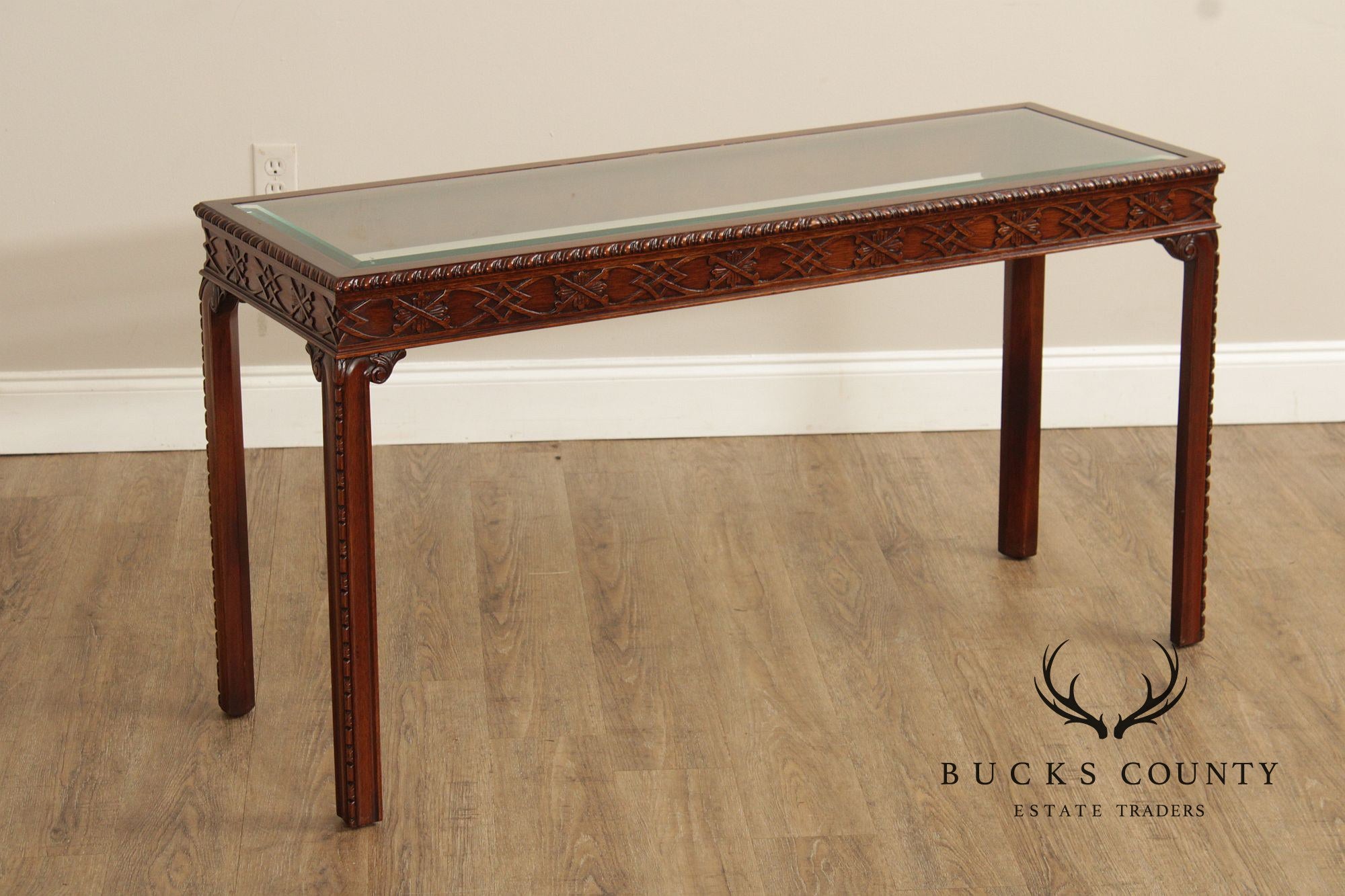 Chinese Chippendale Style Glass Top Mahogany Console Table