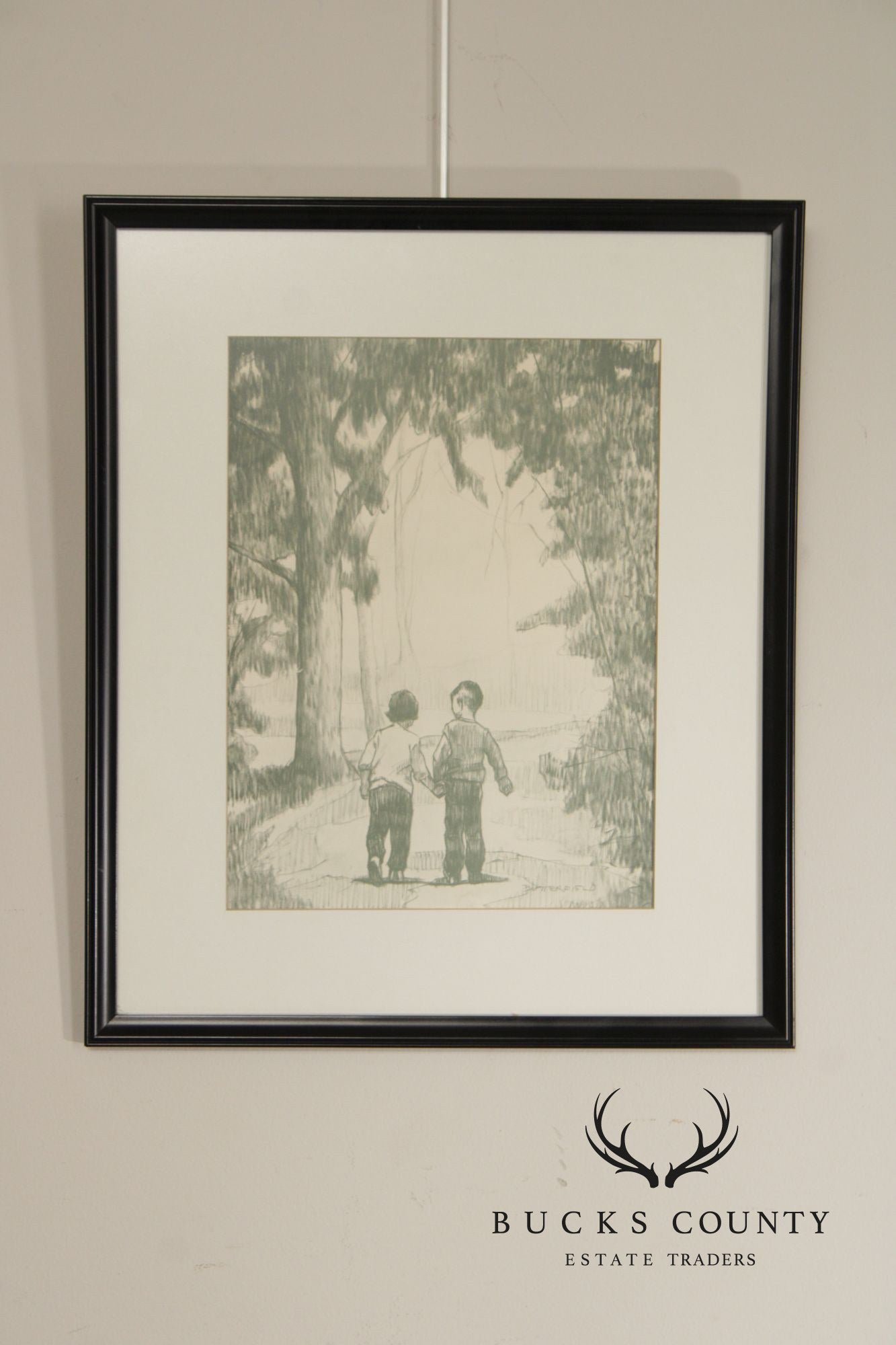 W. Cortland Butterfield Framed Drawing, Children in a Wood