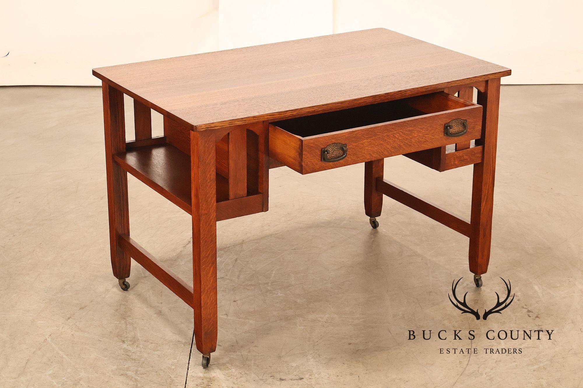 Antique Arts And Crafts Mission Oak Writing Desk With Built-In Side Bookcases