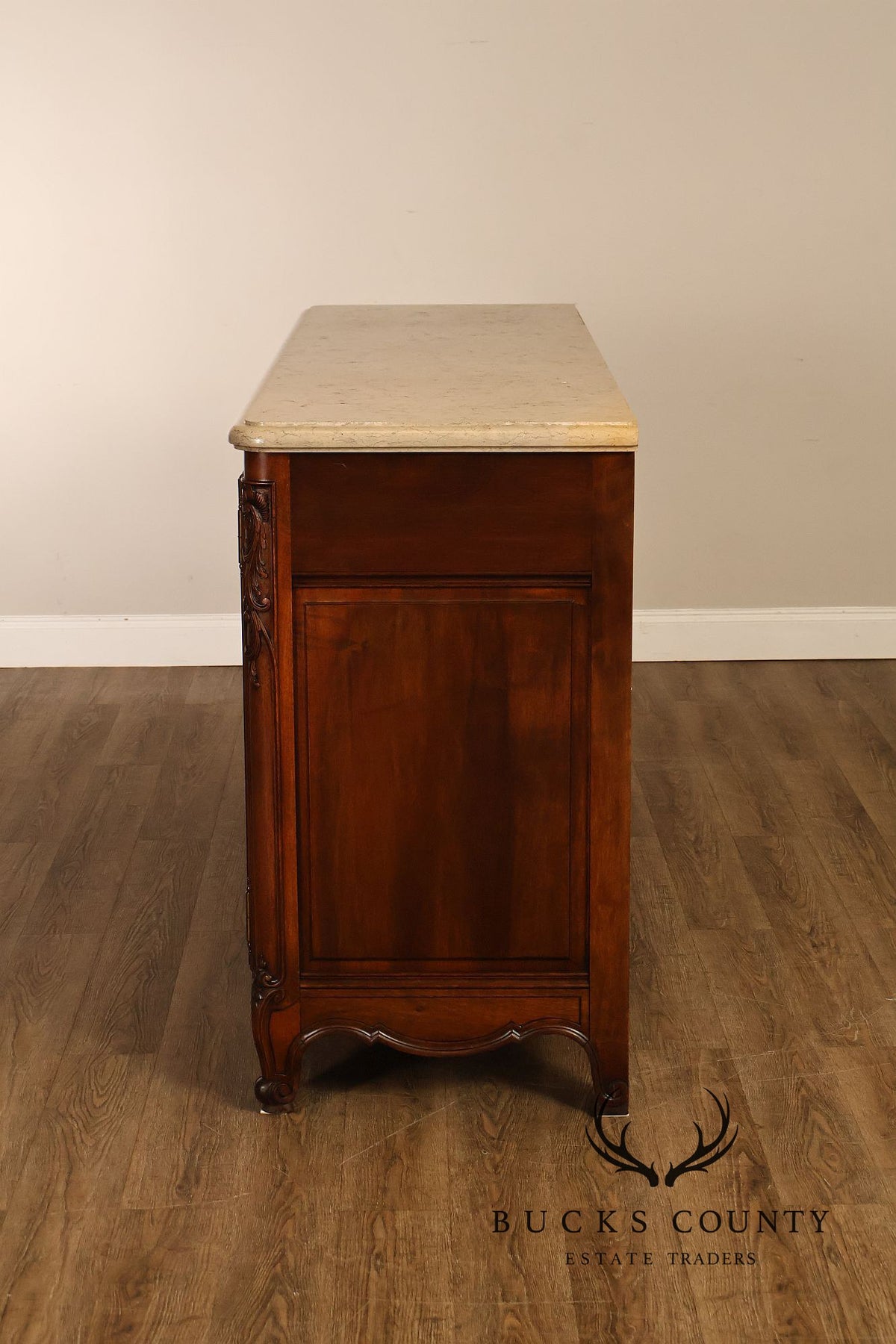 French Louis XV Style Carved Walnut Marble Top Sideboard