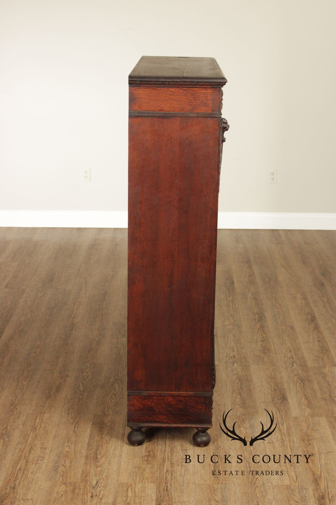 Antique Renaissance Revival Carved Oak Glass Door Bookcase