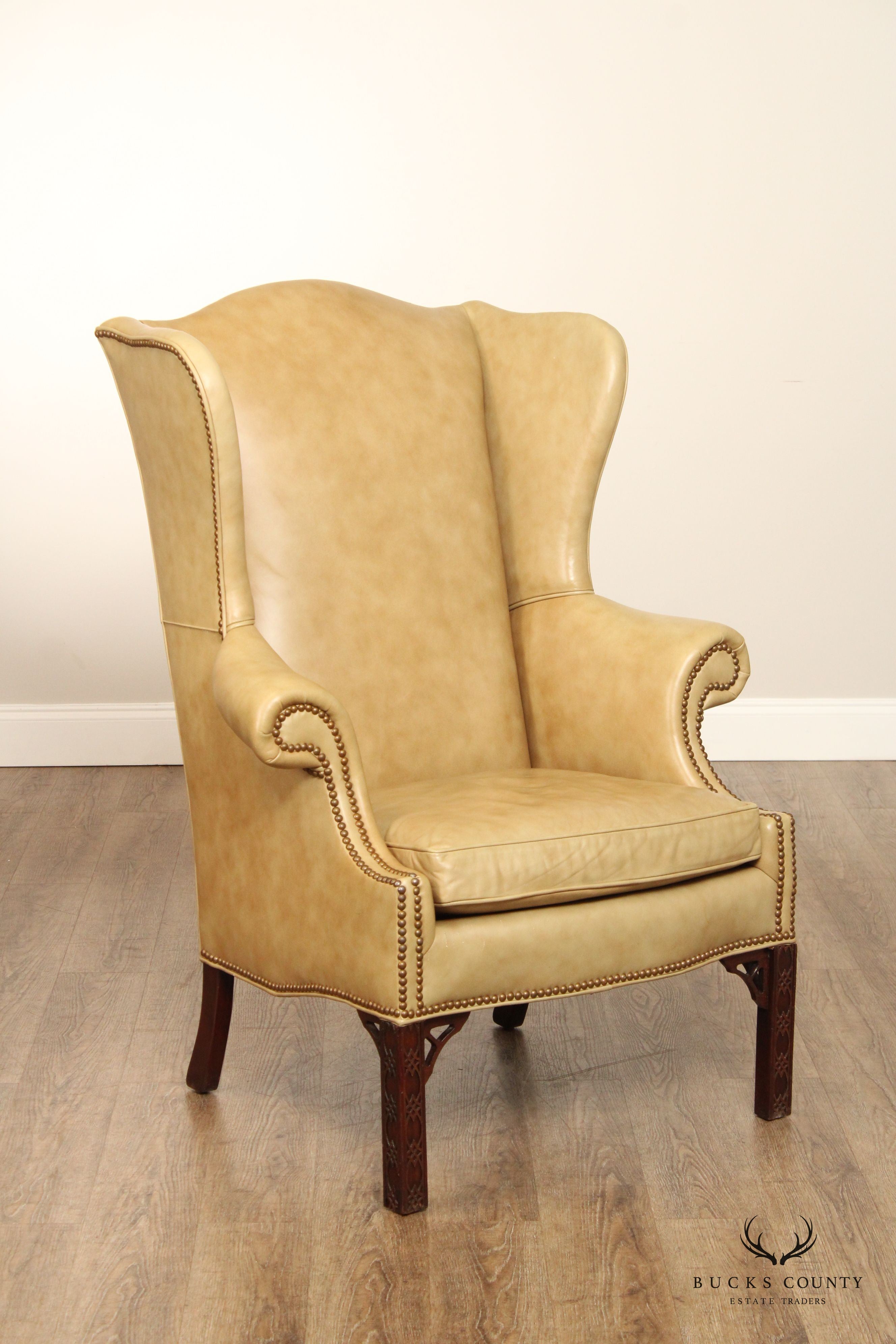 Chippendale Style Tan Leather Wing Chair