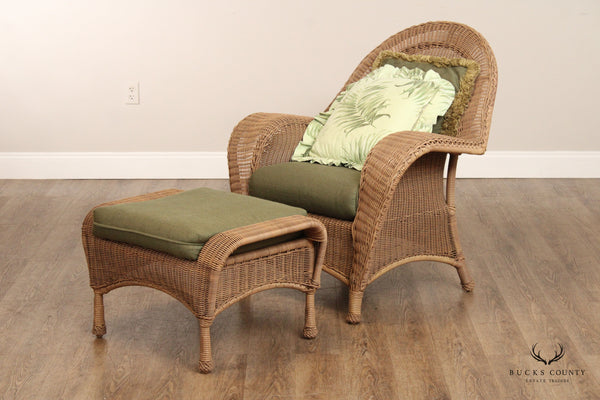 Victorian Style Woven Wicker Armchair and Ottoman