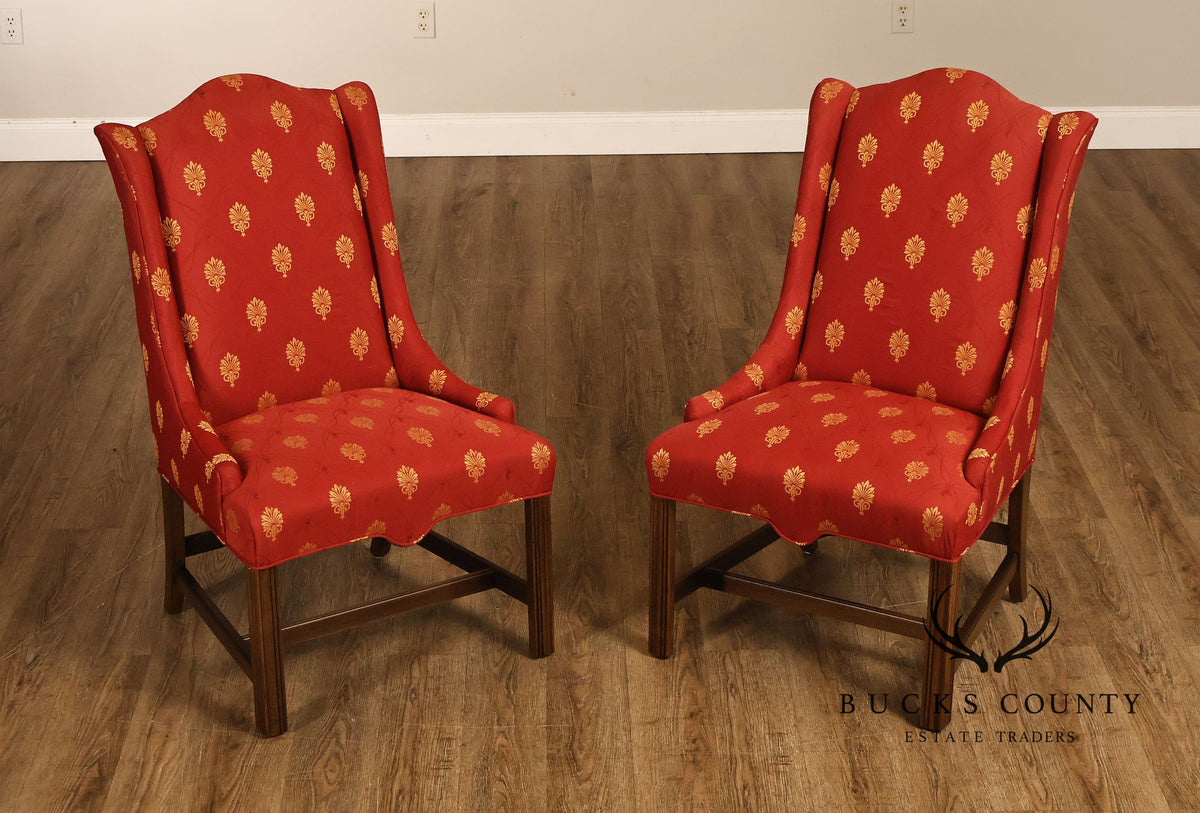 Pair Of Red And Gold Upholstered Wingback Accent Chairs With H-Stretcher Bases