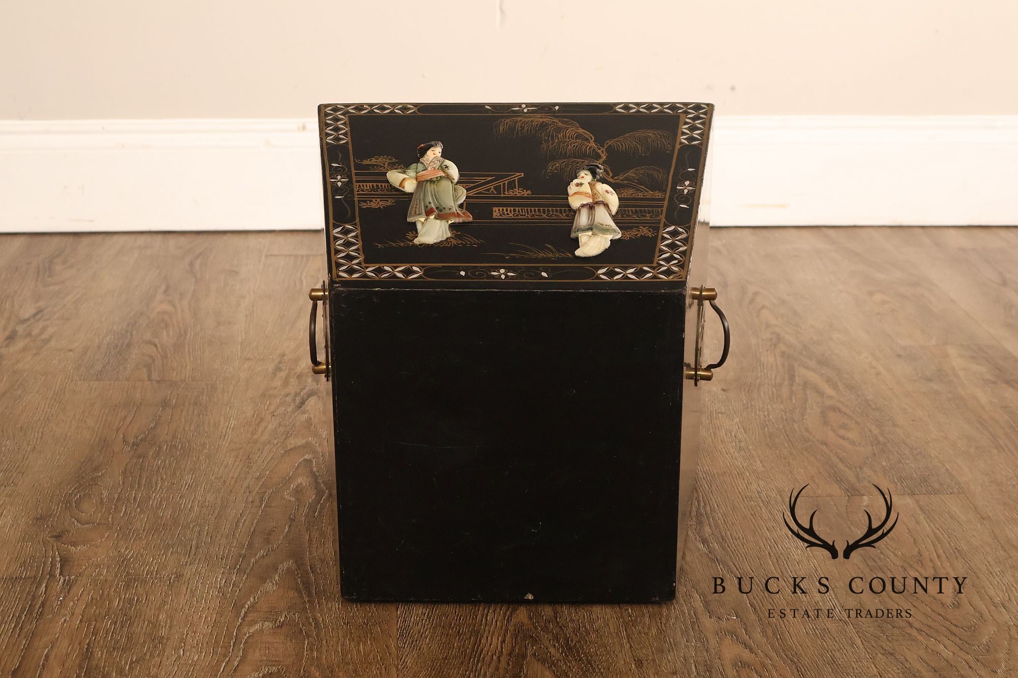 Chinese Black Lacquer Mother Of Pearl Inlaid Figural Planter On Matching Stand