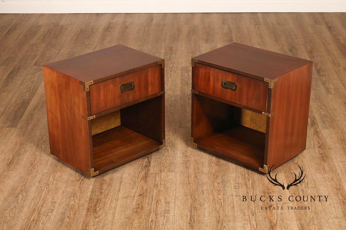 Lane Mid Century Modern Pair Of Walnut Campaign Style Nightstands