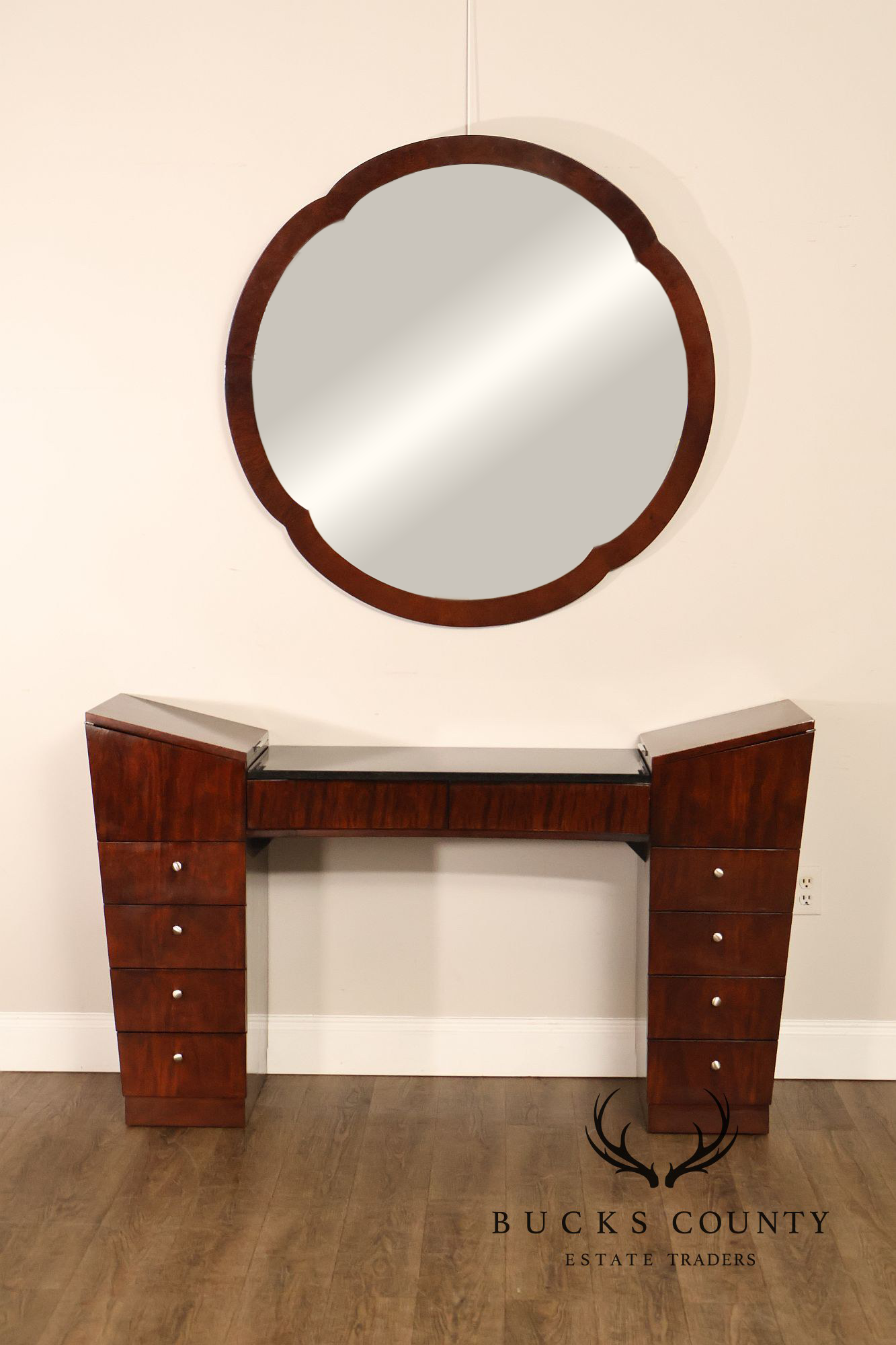 Hickory White Mahogany Art Deco Style Vanity Desk With Mirror