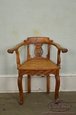 Anglo Indian Solid Padauk Wood Carved Lyre Back Cane Seat Arm Chair