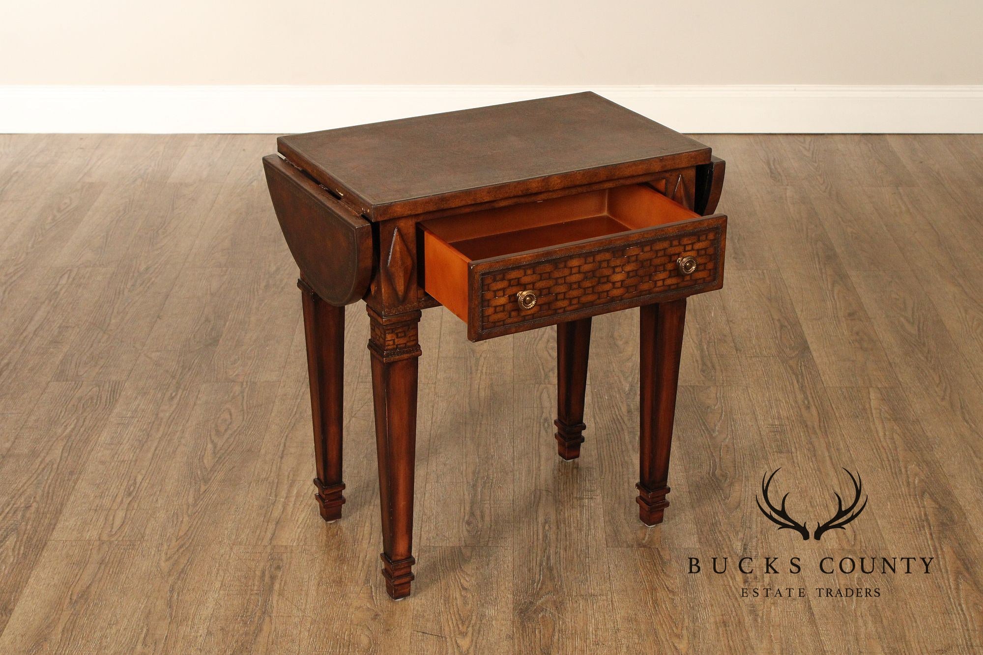 Neoclassical Style Leather Wrapped Drop-Leaf Side Table