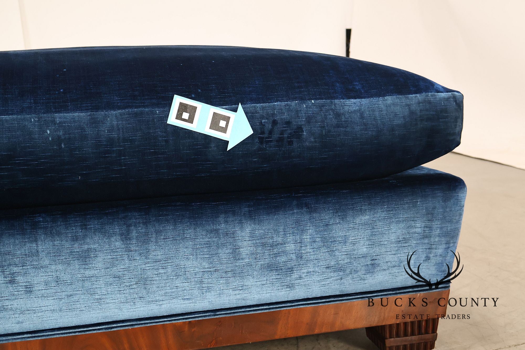Art Deco Style Large Custom Blue Velvet and Mahogany Ottoman