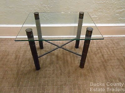 Vintage MidCentury Hollywood Regency Faux Bamboo Brass Based Glass Top End Table