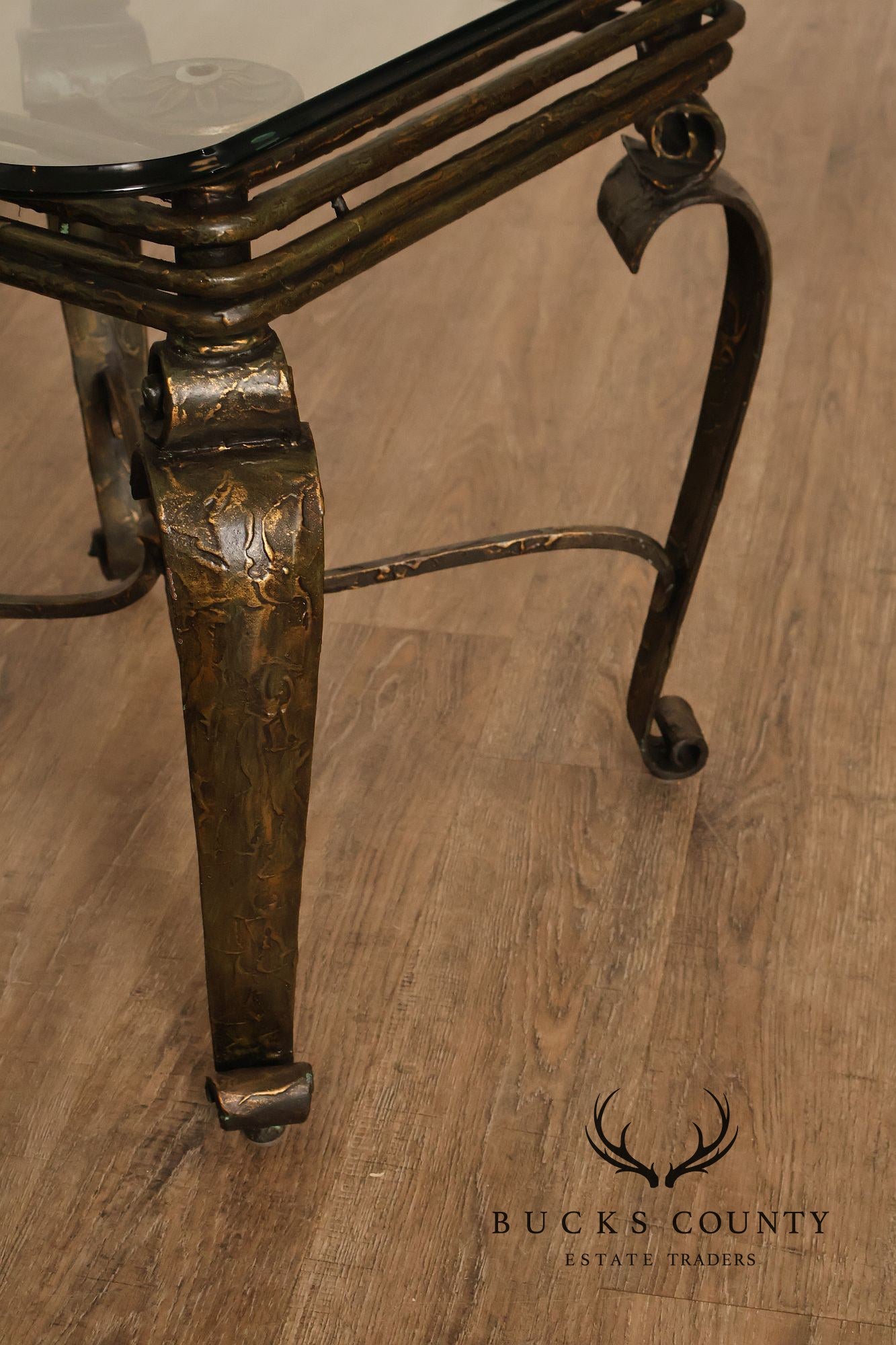 Neoclassical Revival Glass Top Metal Accent Table