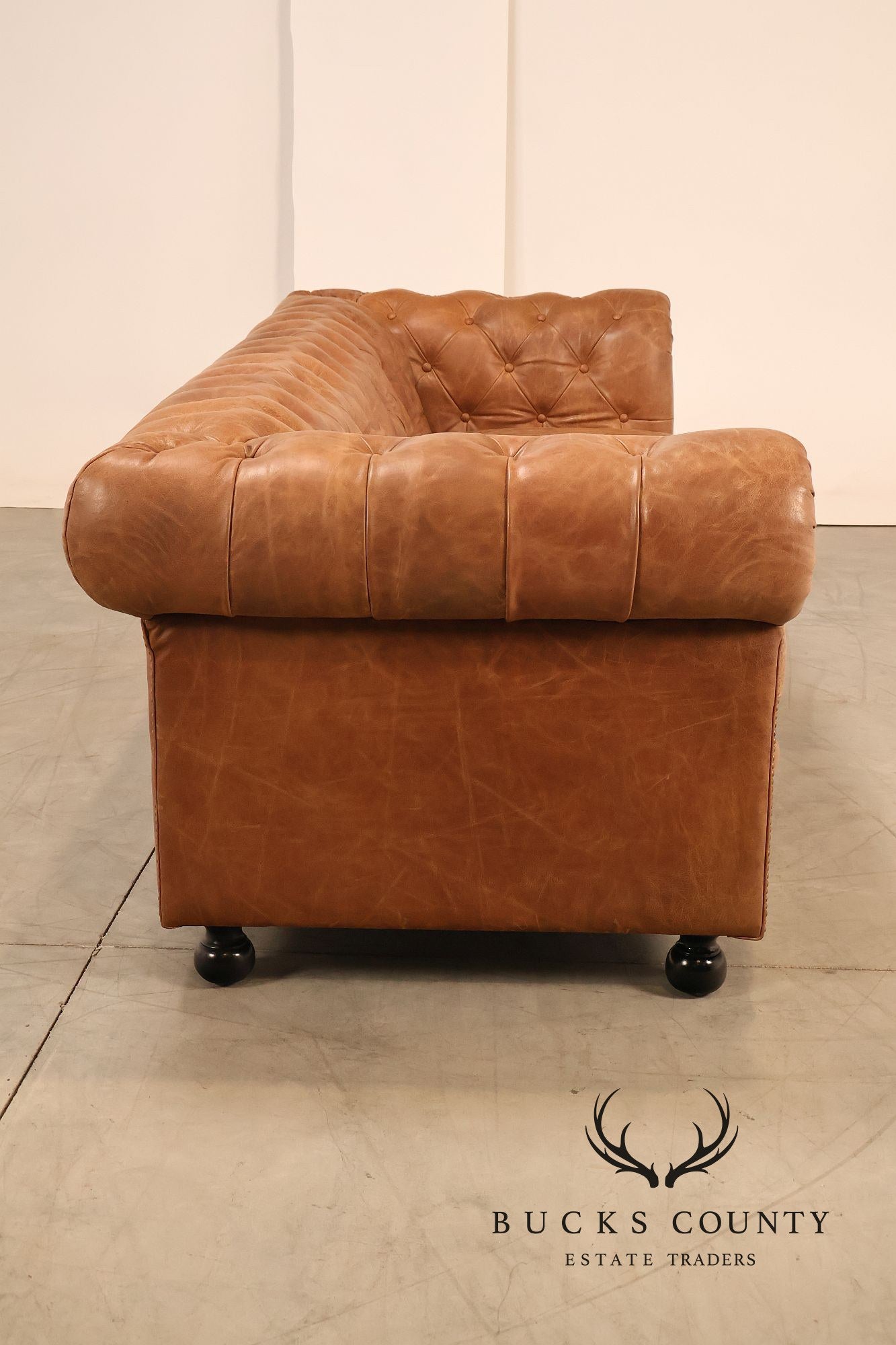 Chesterfield Style 8 Foot Distressed Brown Tufted Leather Sofa