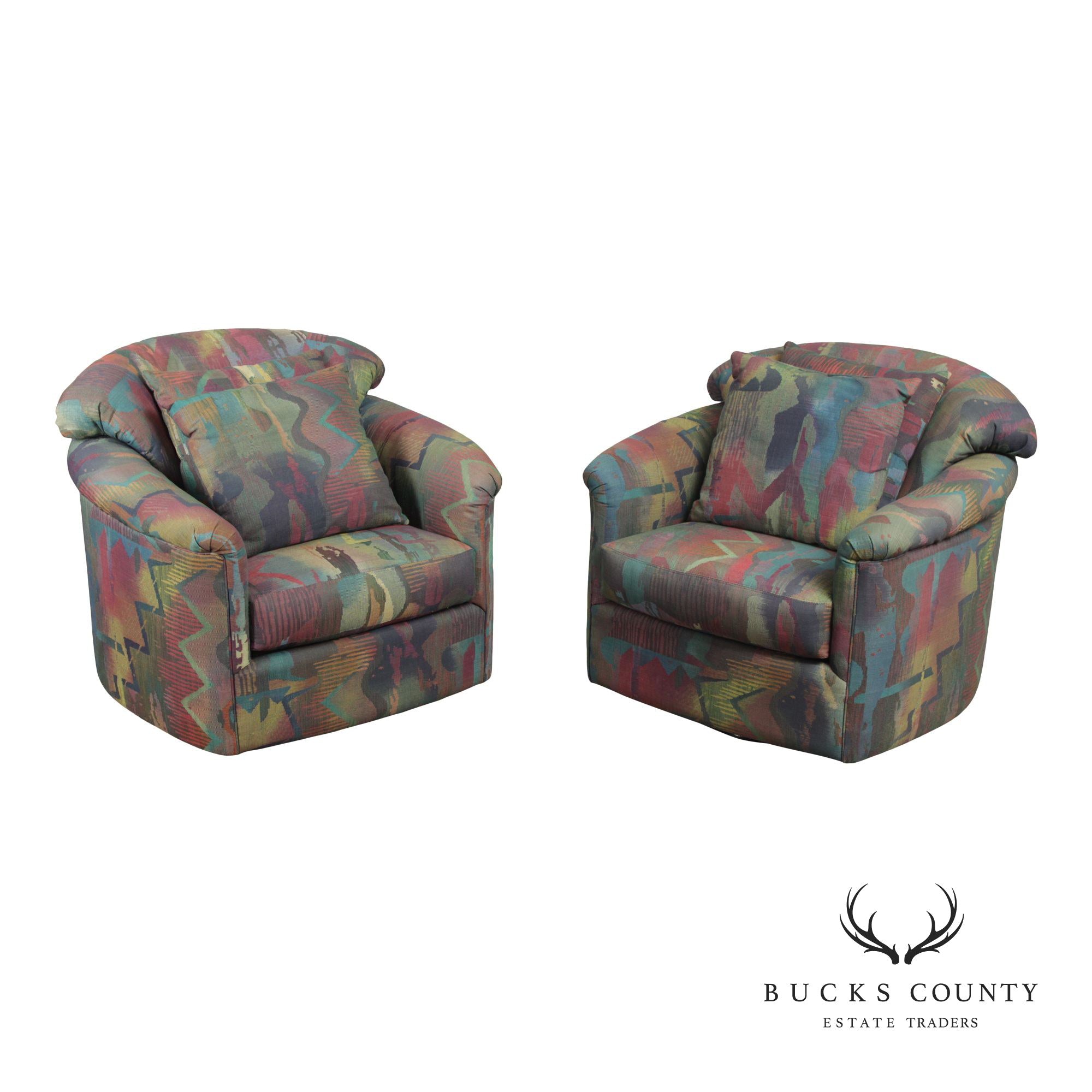 Sherrill Furniture Post Modern Pair of Swivel Club Chairs