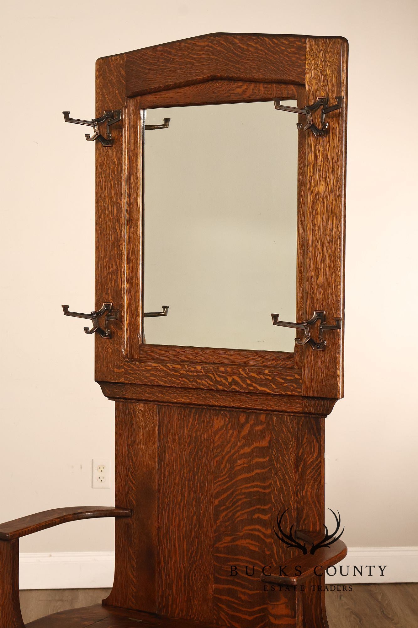 Antique Arts And Crafts Oak Mirrored Hall Seat