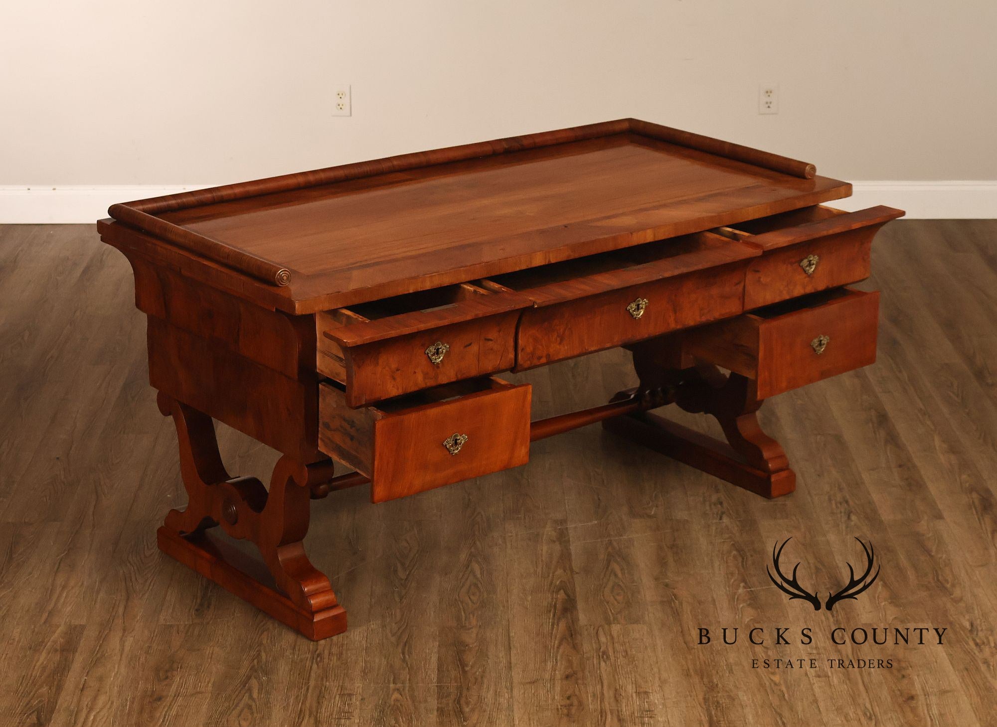 Antique 19th Century Biedermeier Walnut Five Drawer Writing Desk